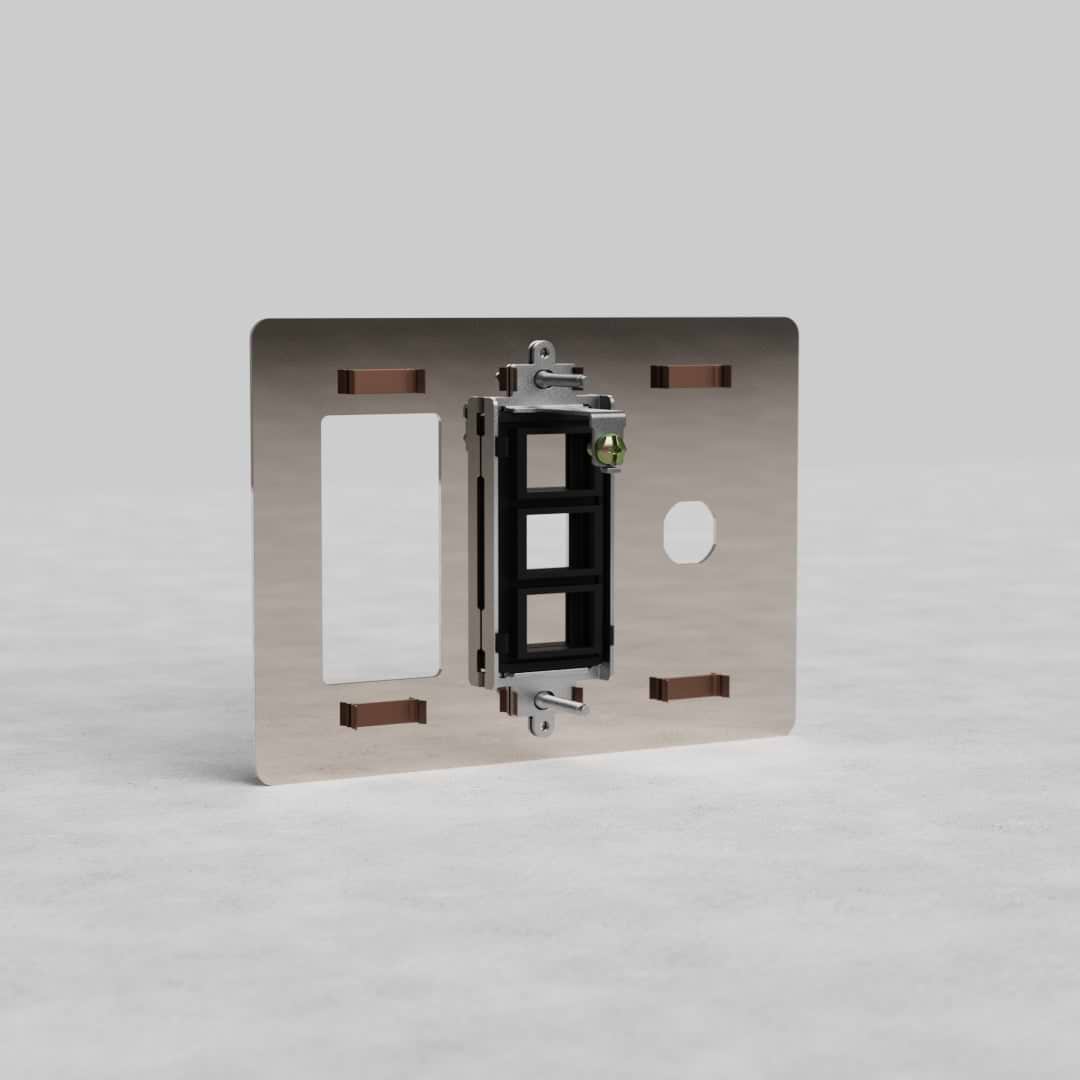 Polished nickel 3G outlet, keystone, and switch plate (Kew US) with three rectangular and one round opening.