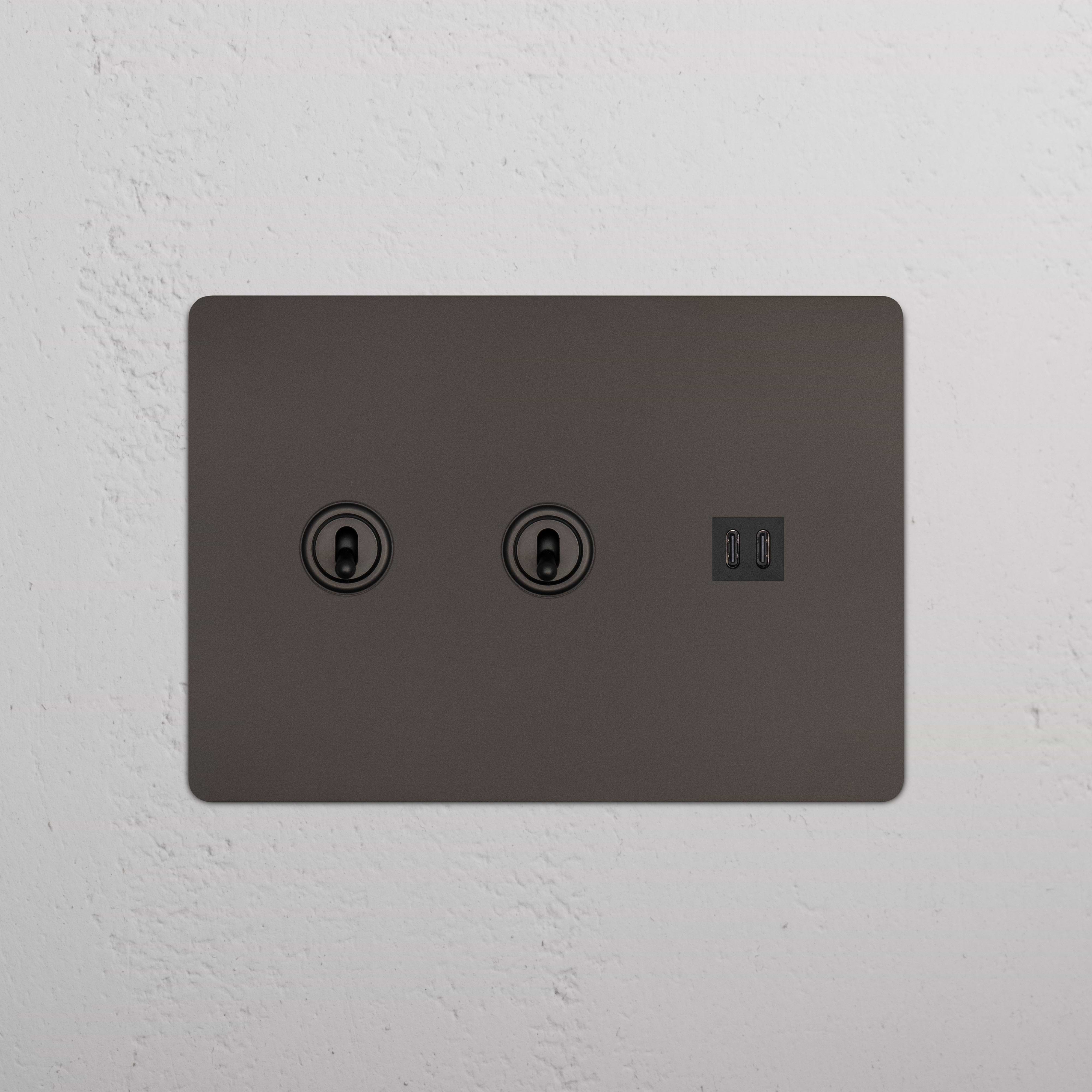 Bronze Black Kew 3G 2x Toggle Switch & Fast Charge USB wall plate with two toggles and dual USB ports.