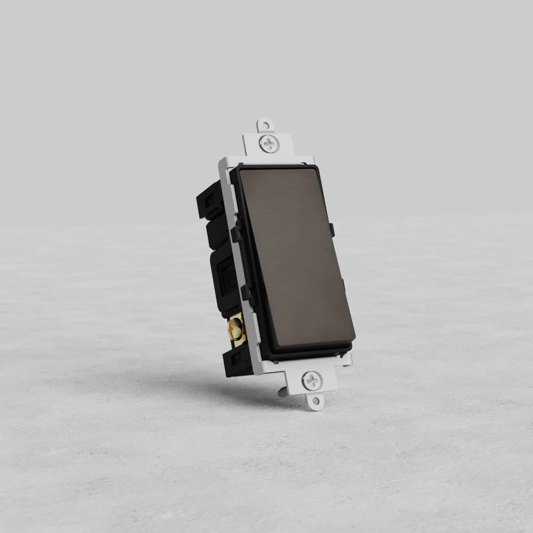 Bronze Black Double Pole Rocker Switch with white mounting bracket, displayed upright on a gray surface.