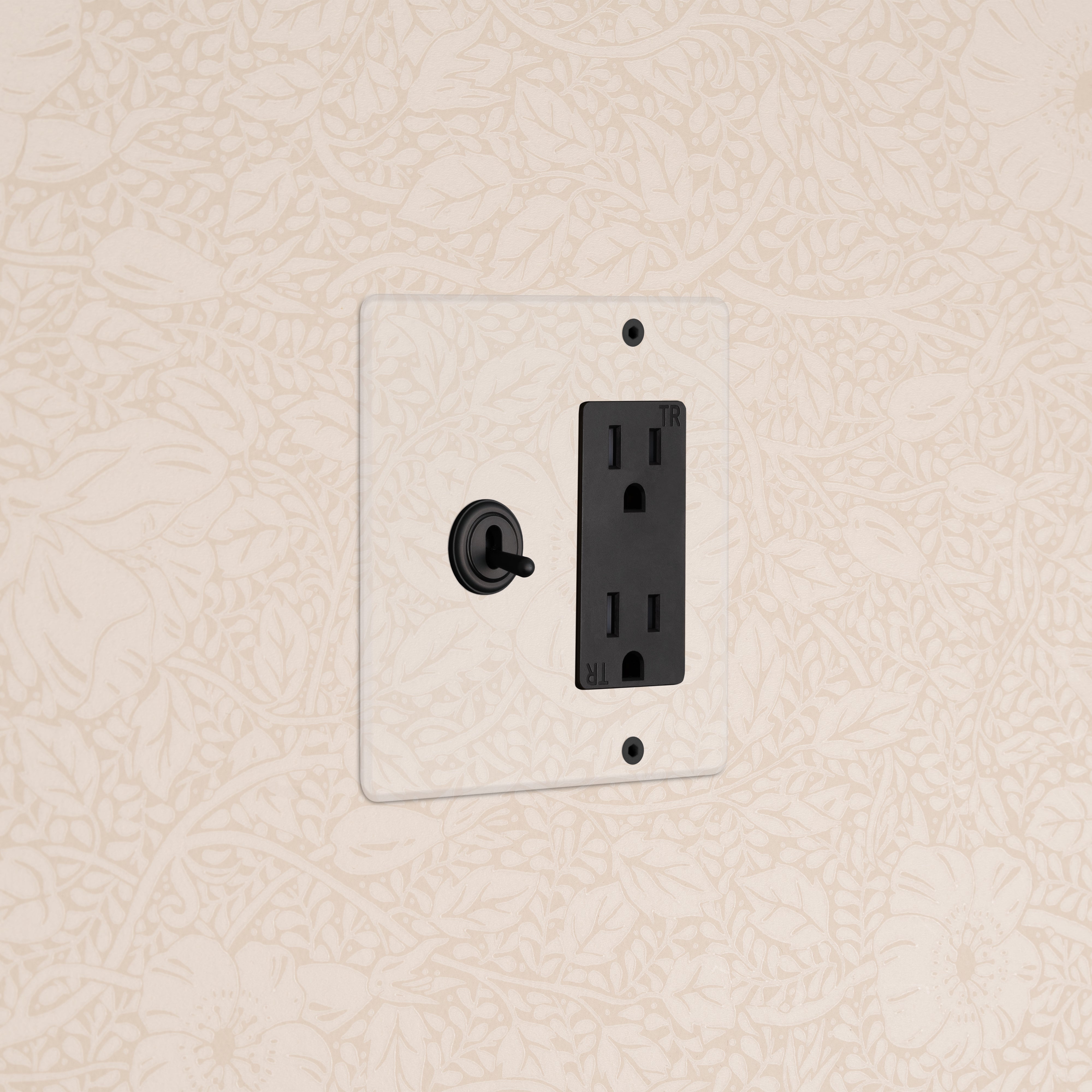 Kew 2G Toggle Switch & Outlet in Clear Bronze Black finish with two black toggle switches and outlet.