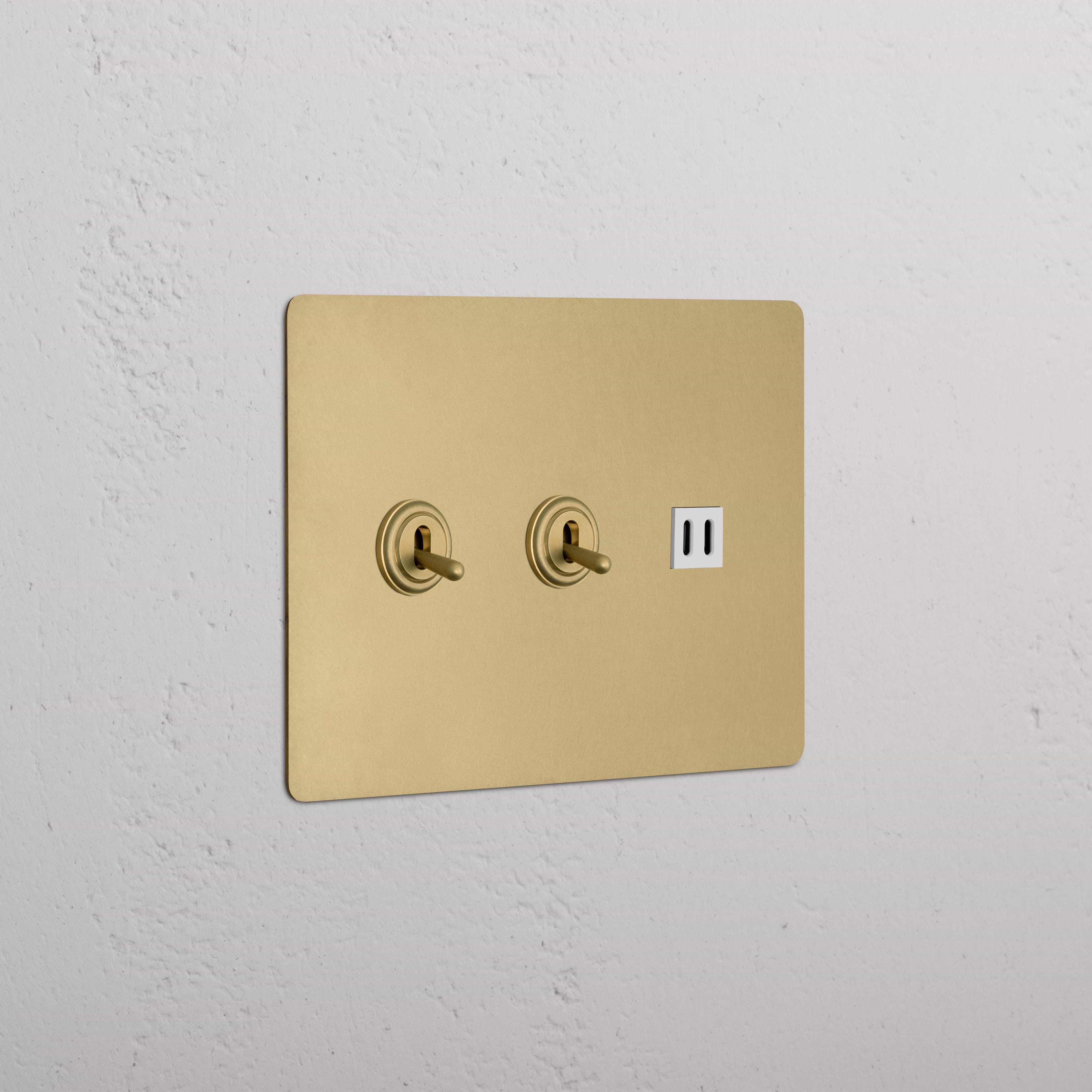Kew 3G 2x Toggle Switch & Fast Charge USB wall plate in Antique Brass White with two toggles and dual USB ports.
