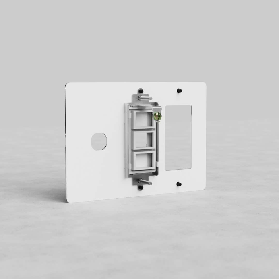 Clear rectangular 3-gang outlet, keystone, and switch plate for US Kew systems with multiple cutouts.