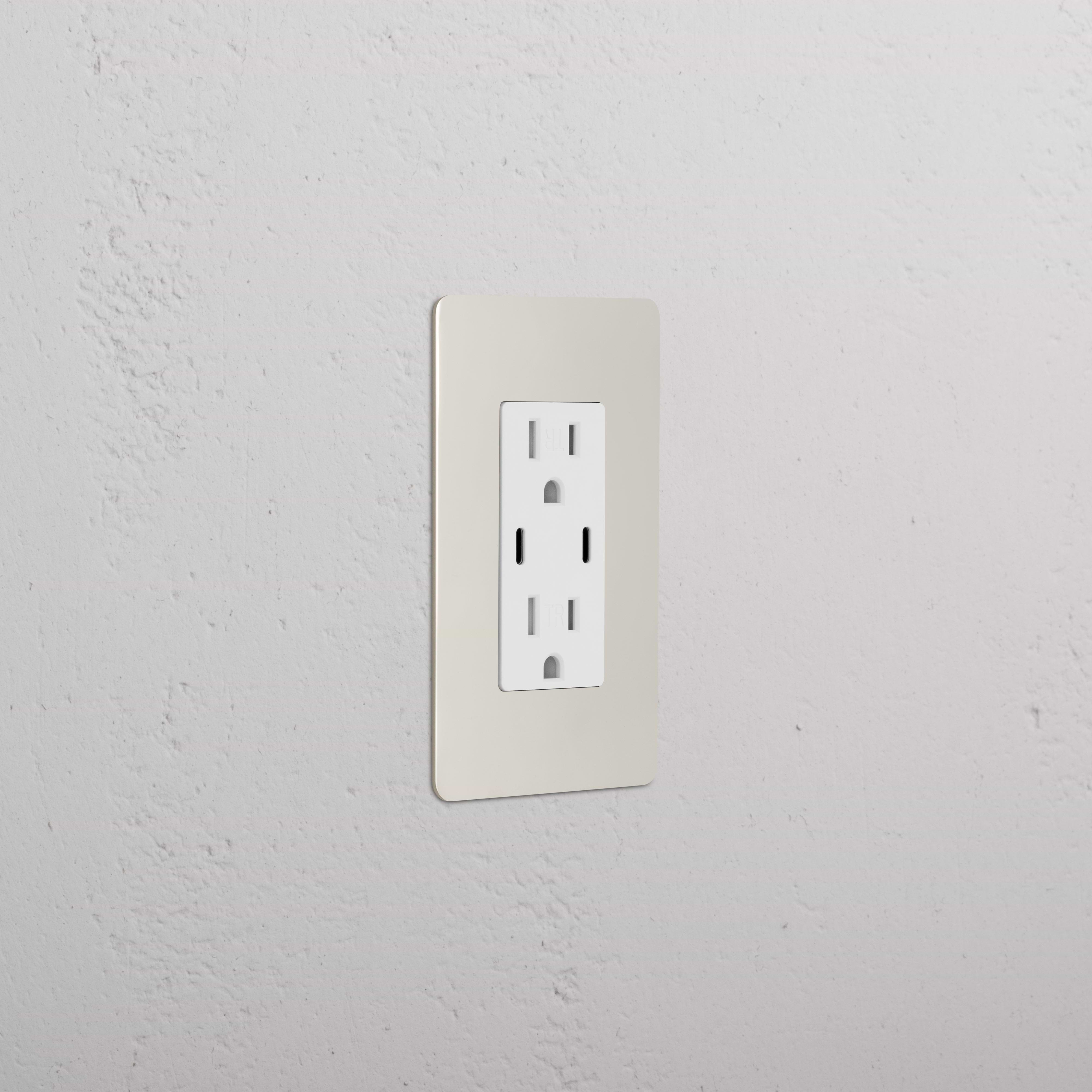 Kew 1G 15A USB outlet in polished nickel white with dual sockets and integrated USB port, wall-mounted.
