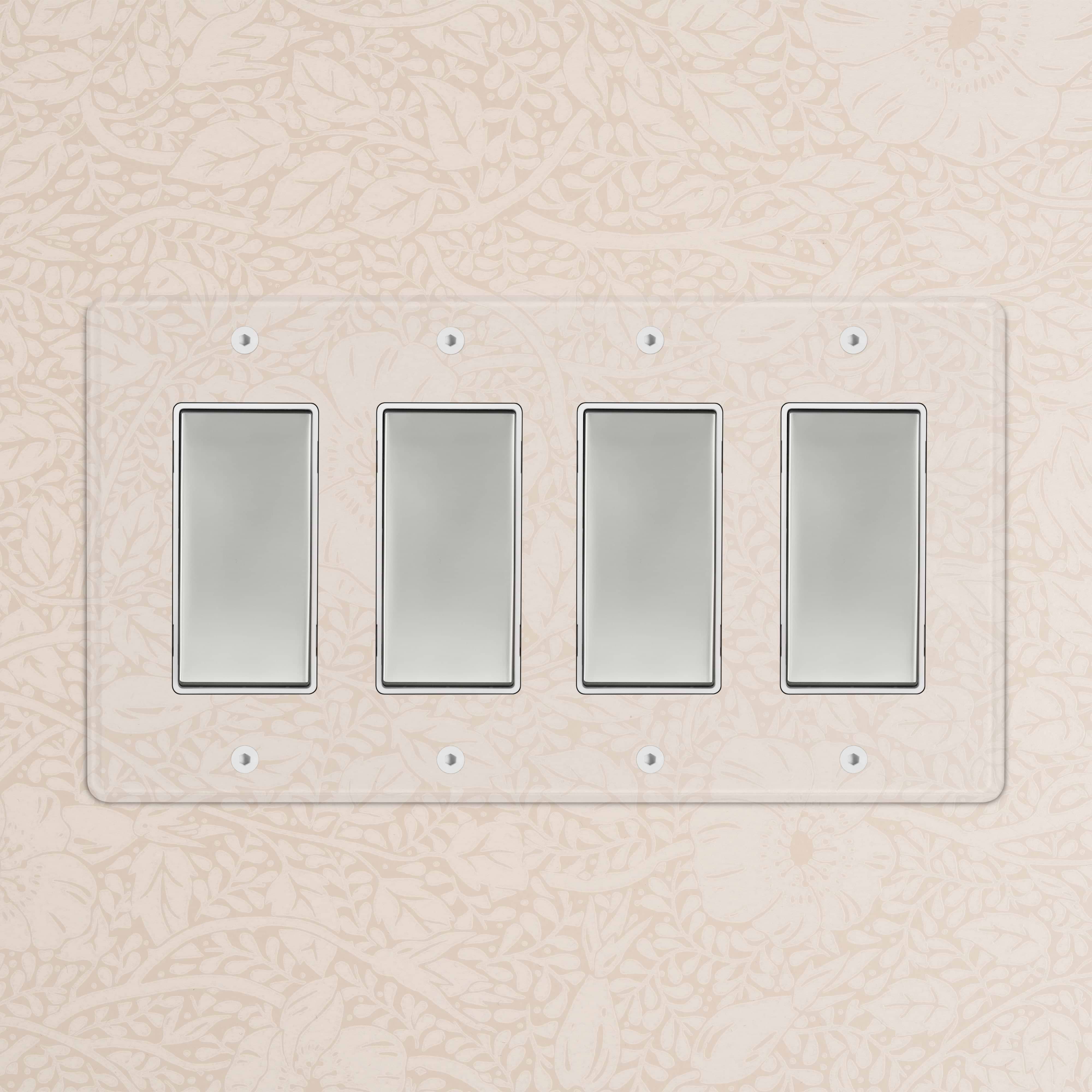 Kew 4G Rocker Switch in polished nickel with a clear faceplate and white rockers, four switches visible.