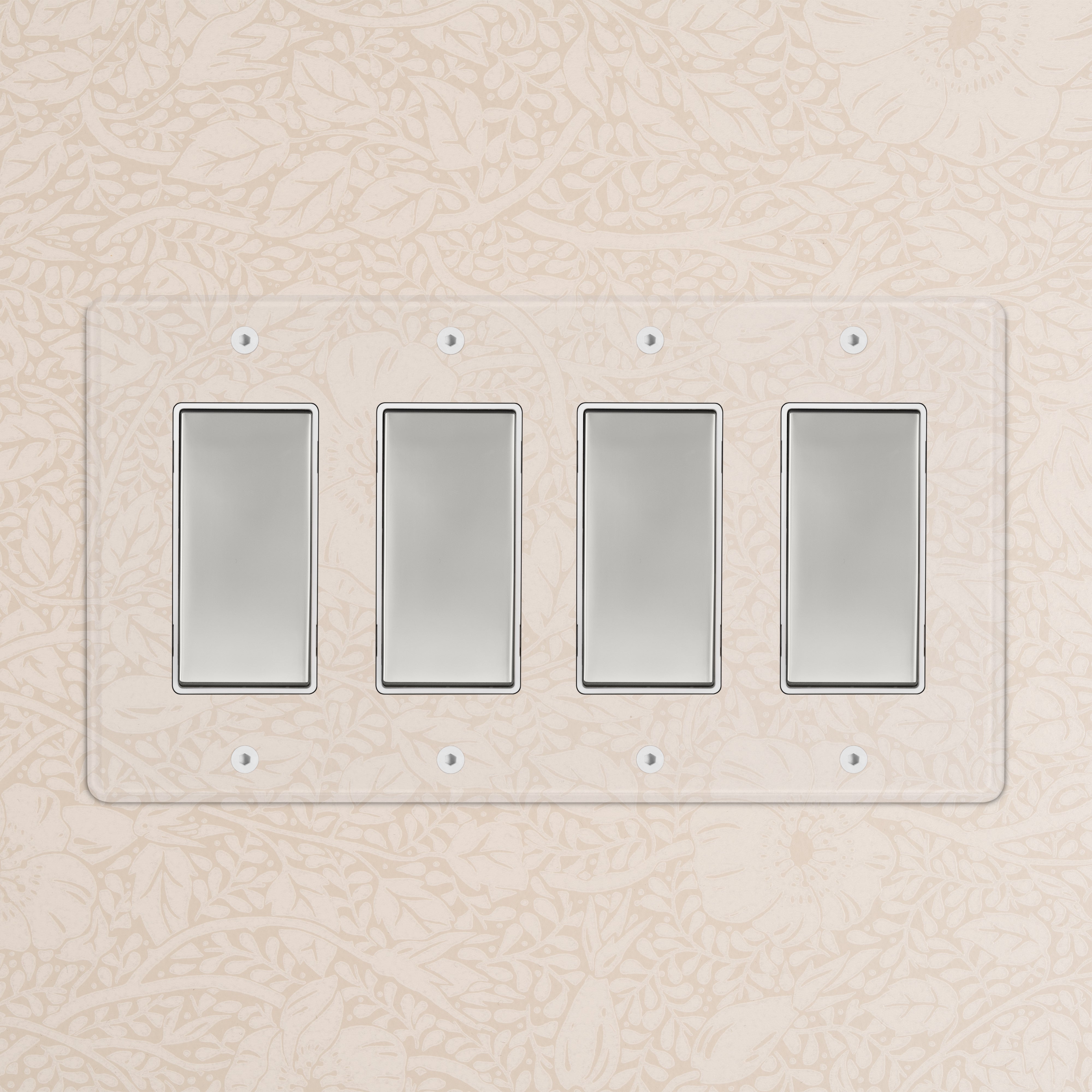 Kew 4G Rocker Switch in polished nickel with a clear faceplate and white rockers, four switches visible.
