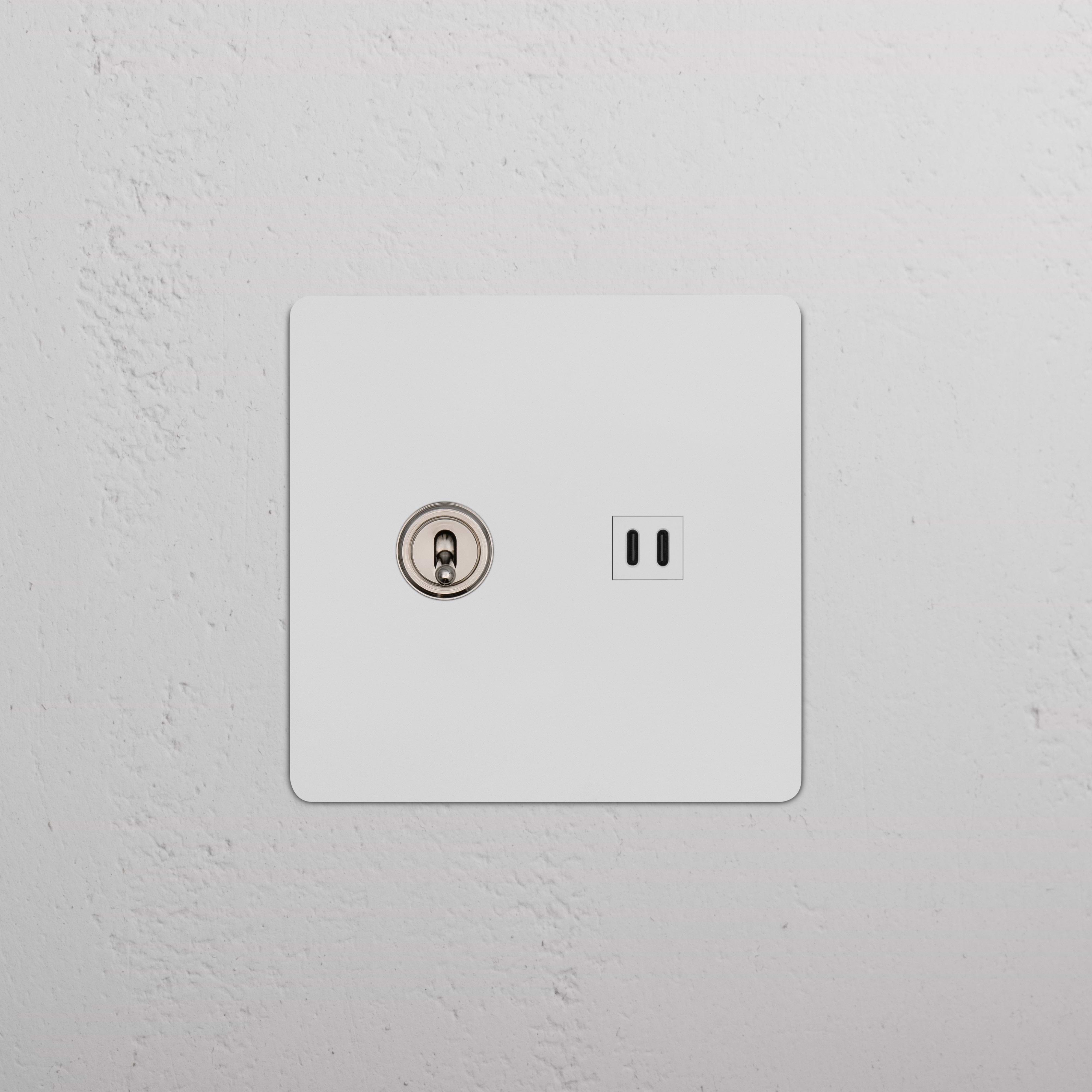 Kew 2G Toggle Switch & Fast Charge USB in paintable polished nickel white finish, wall-mounted plate.