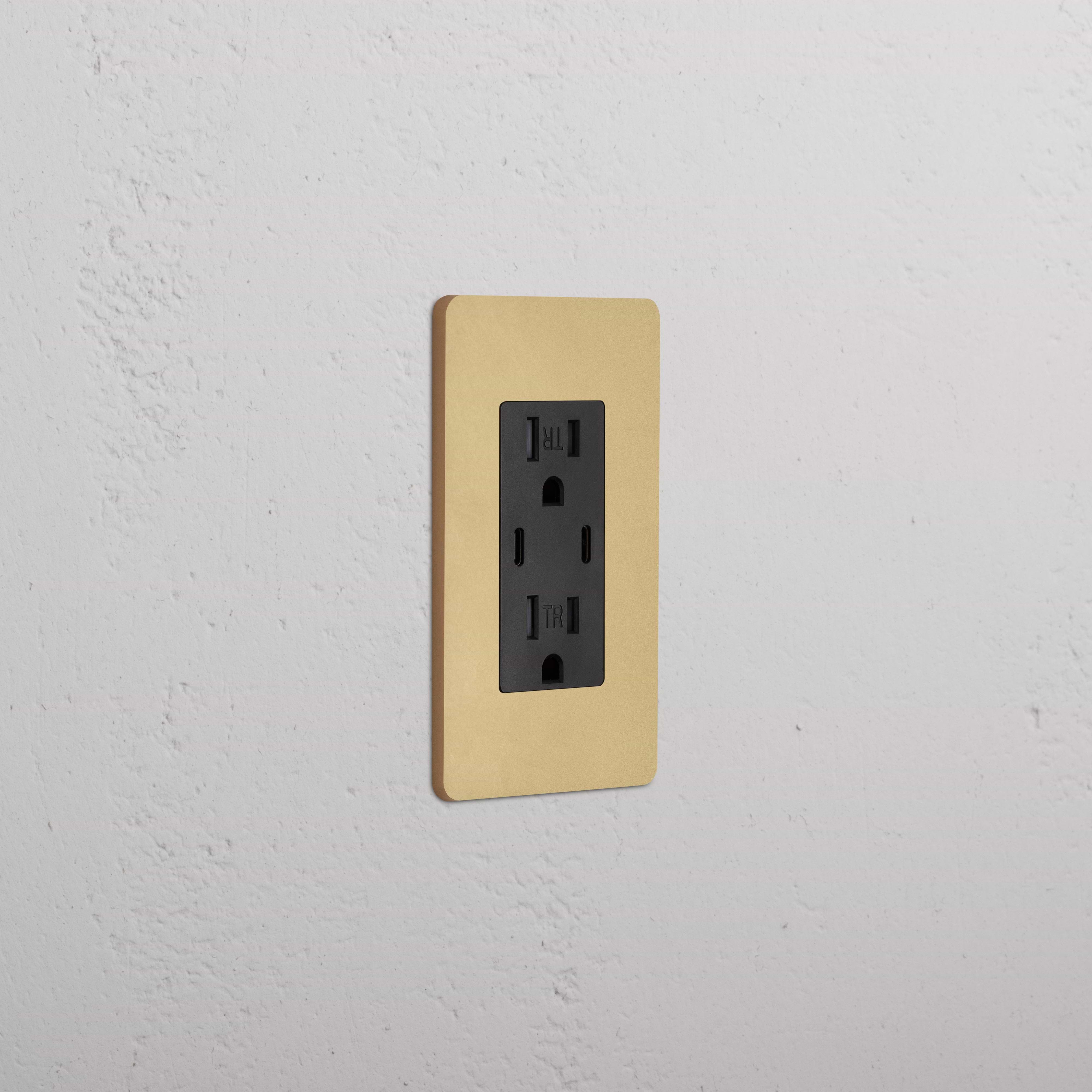 Grove 1G 15A USB Outlet in black with an antique brass faceplate, installed on a wall.