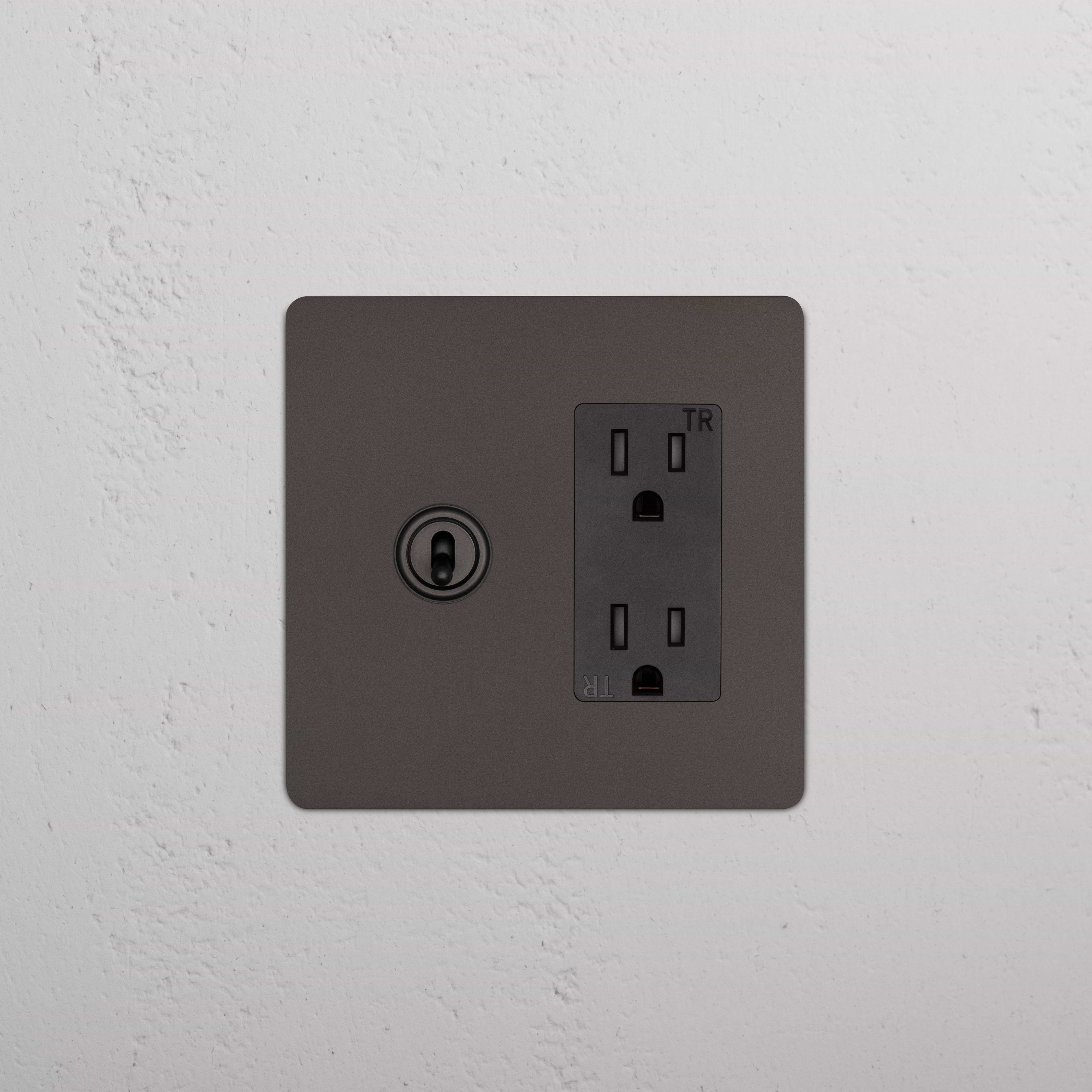 Kew 2G Toggle Switch & Outlet in Bronze Black, with two toggle switches and dual socket outlets.