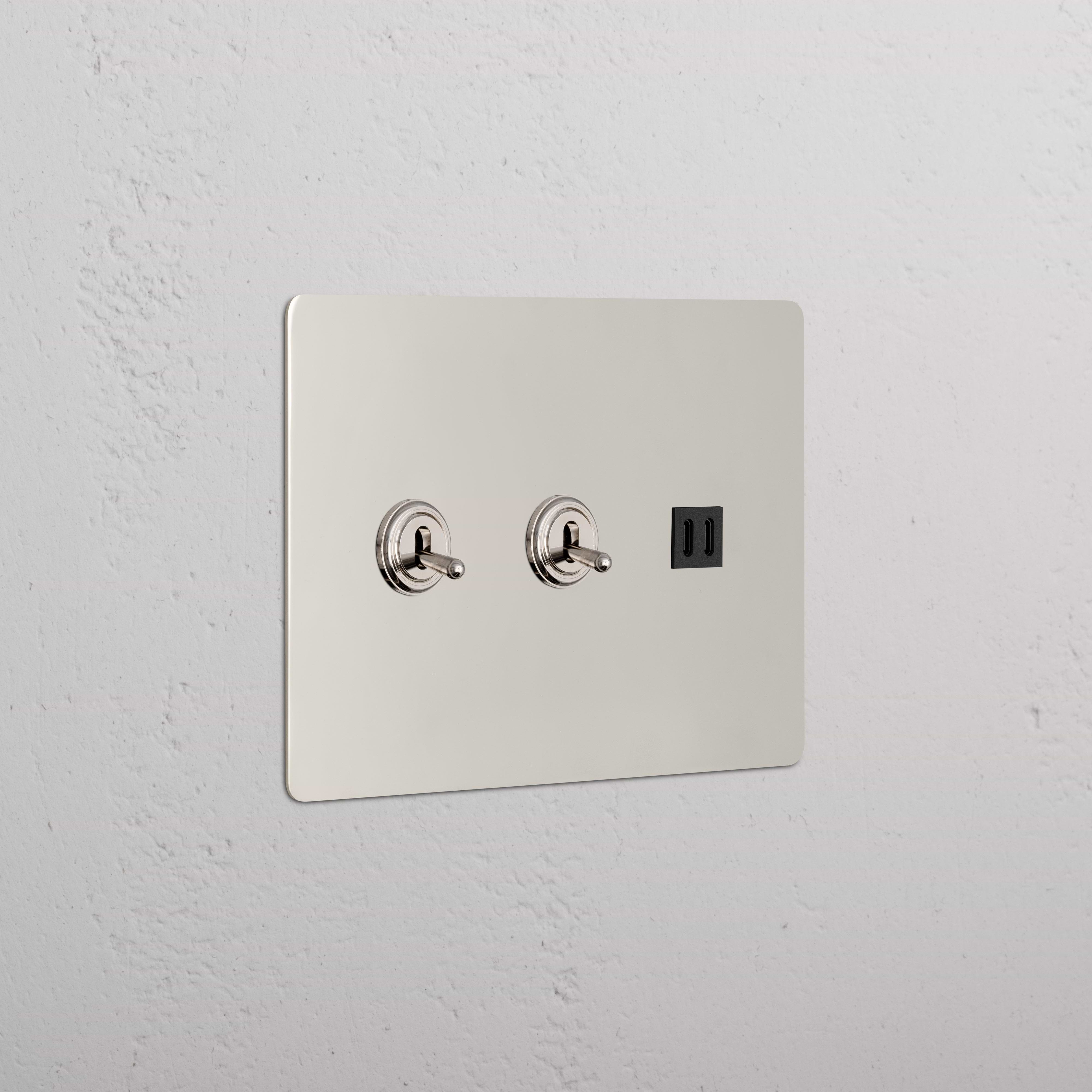 Kew 3G 2x Toggle Switch & Fast Charge USB in polished nickel black with two toggles and a USB outlet.