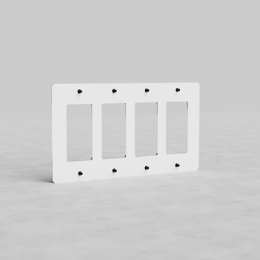 Clear 4G Outlet Plate Kew US with four rectangular openings, displayed upright on a gray background.