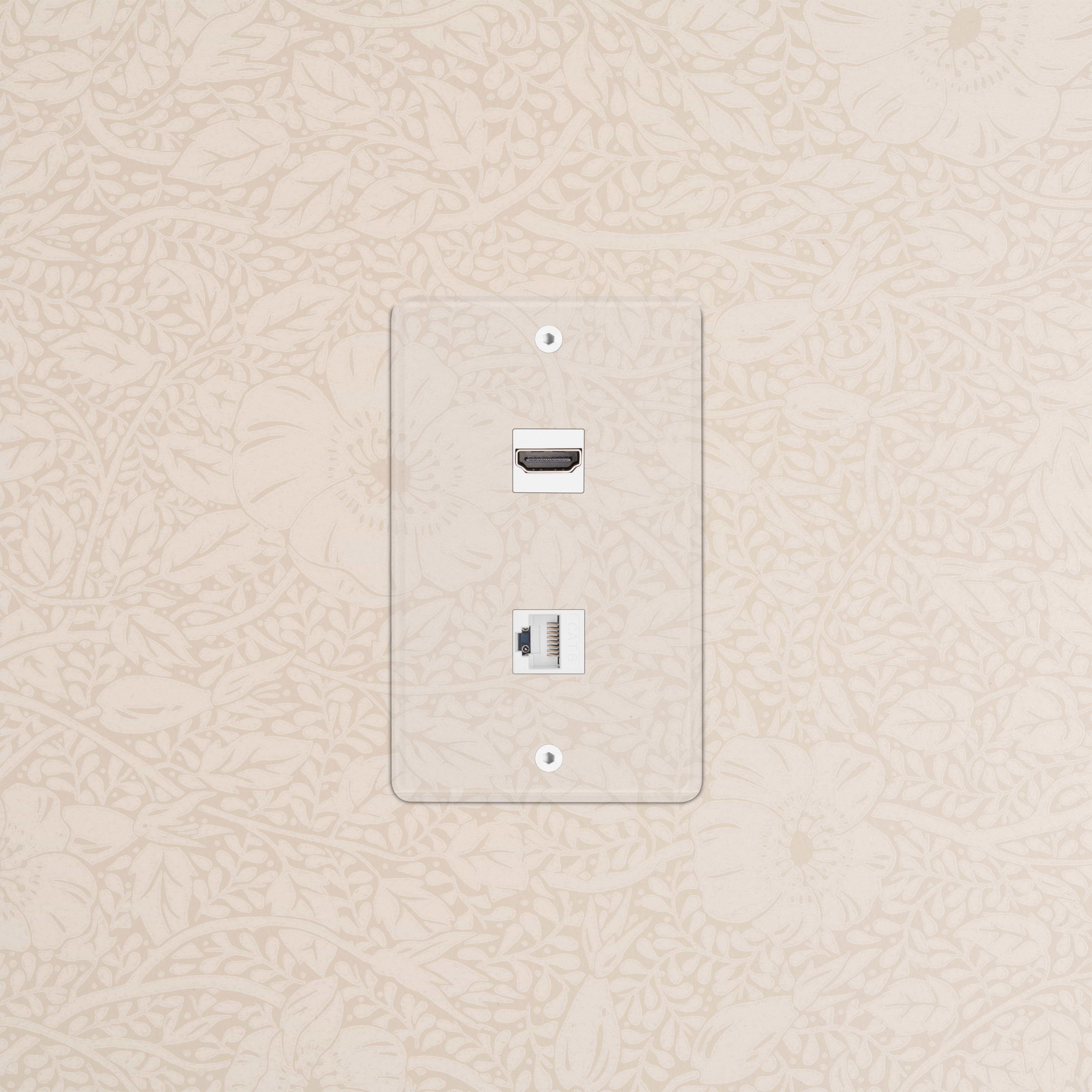 Kew 1G HDMI & CAT 6 Keystone in clear white, single wall plate for AV and network connections.