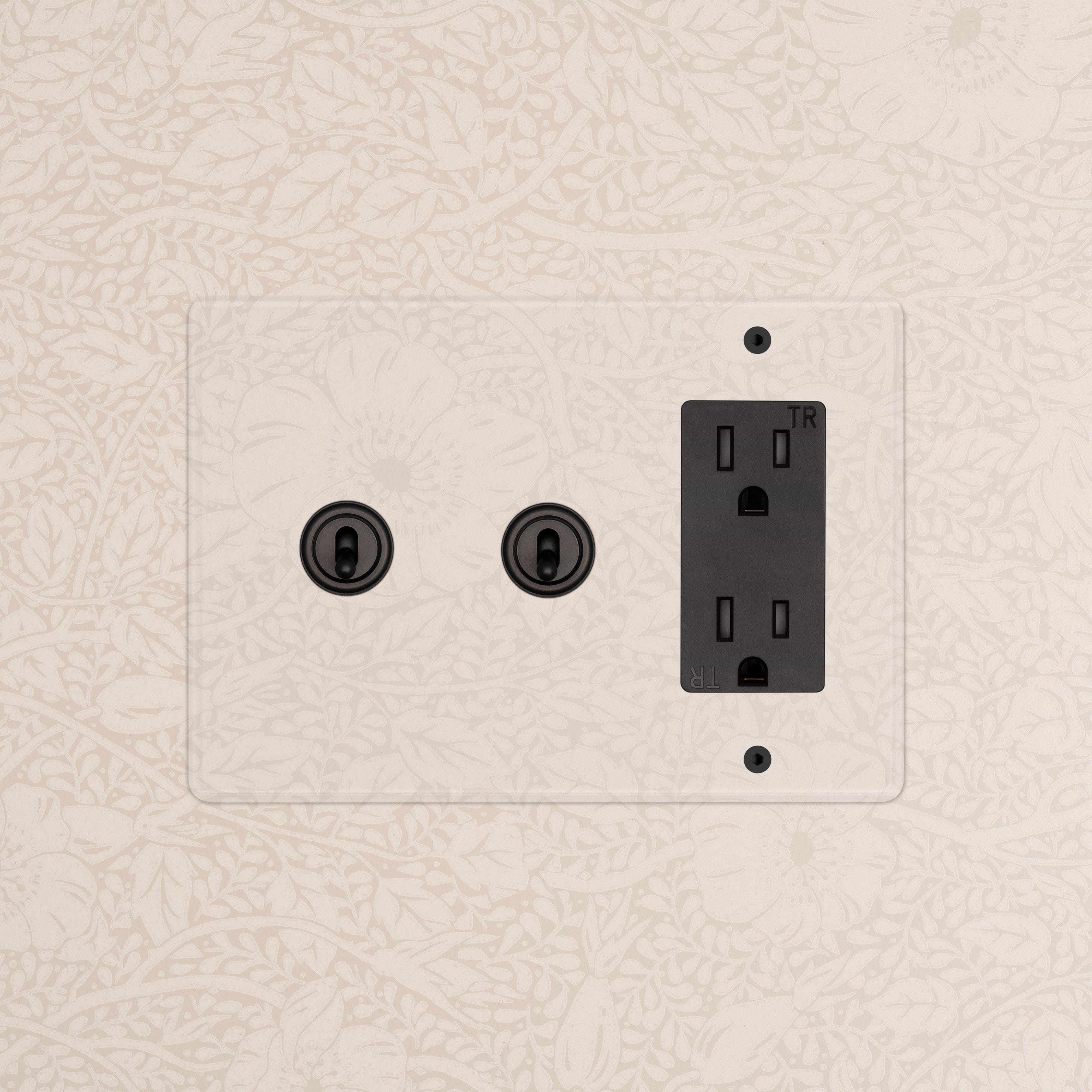 Kew 3G 2x Toggle Switch & Outlet in Clear Bronze Black finish mounted on a wall with floral pattern.