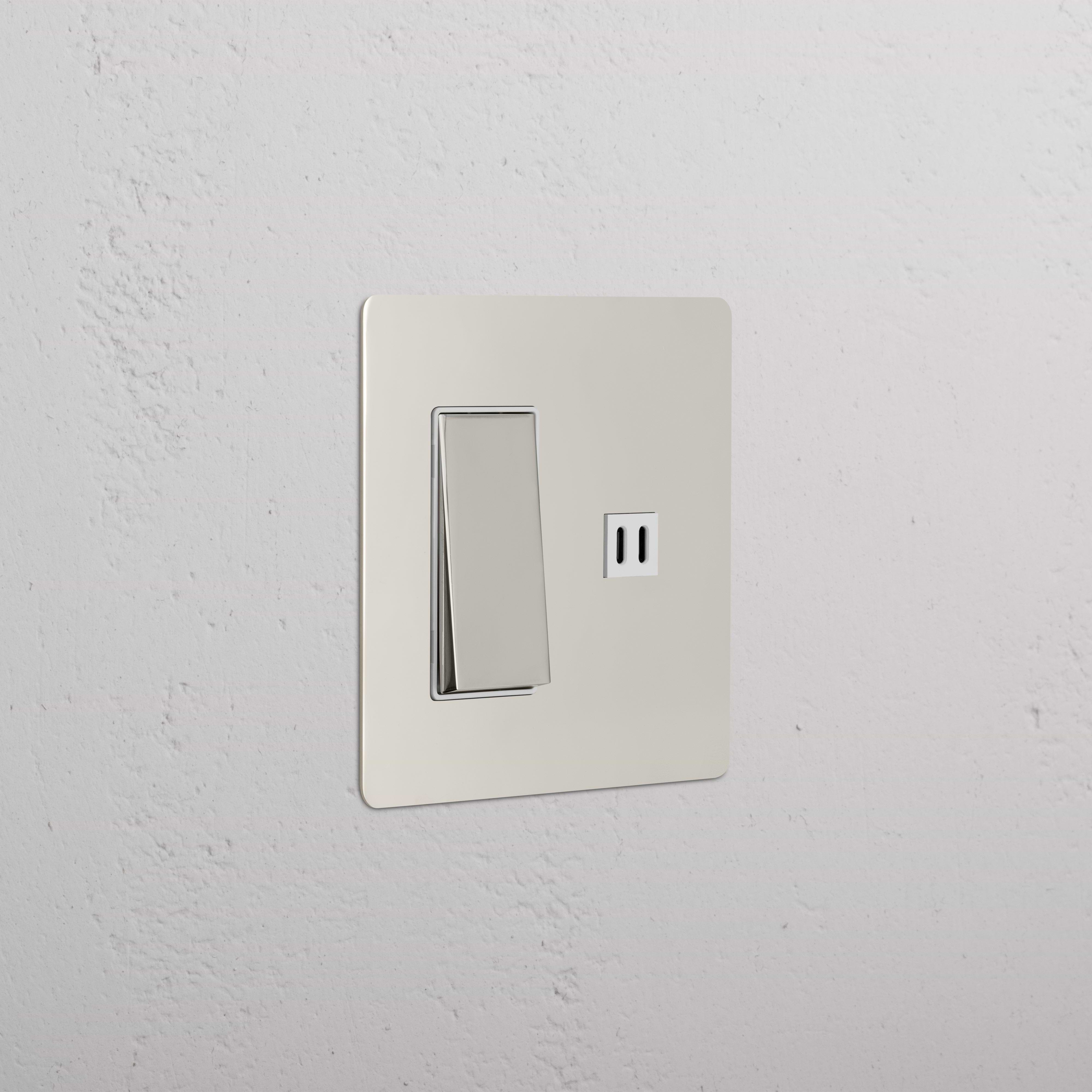 Kew 2G Rocker Switch & Fast Charge USB in polished nickel with white finish, rectangular design, wall-mounted.
