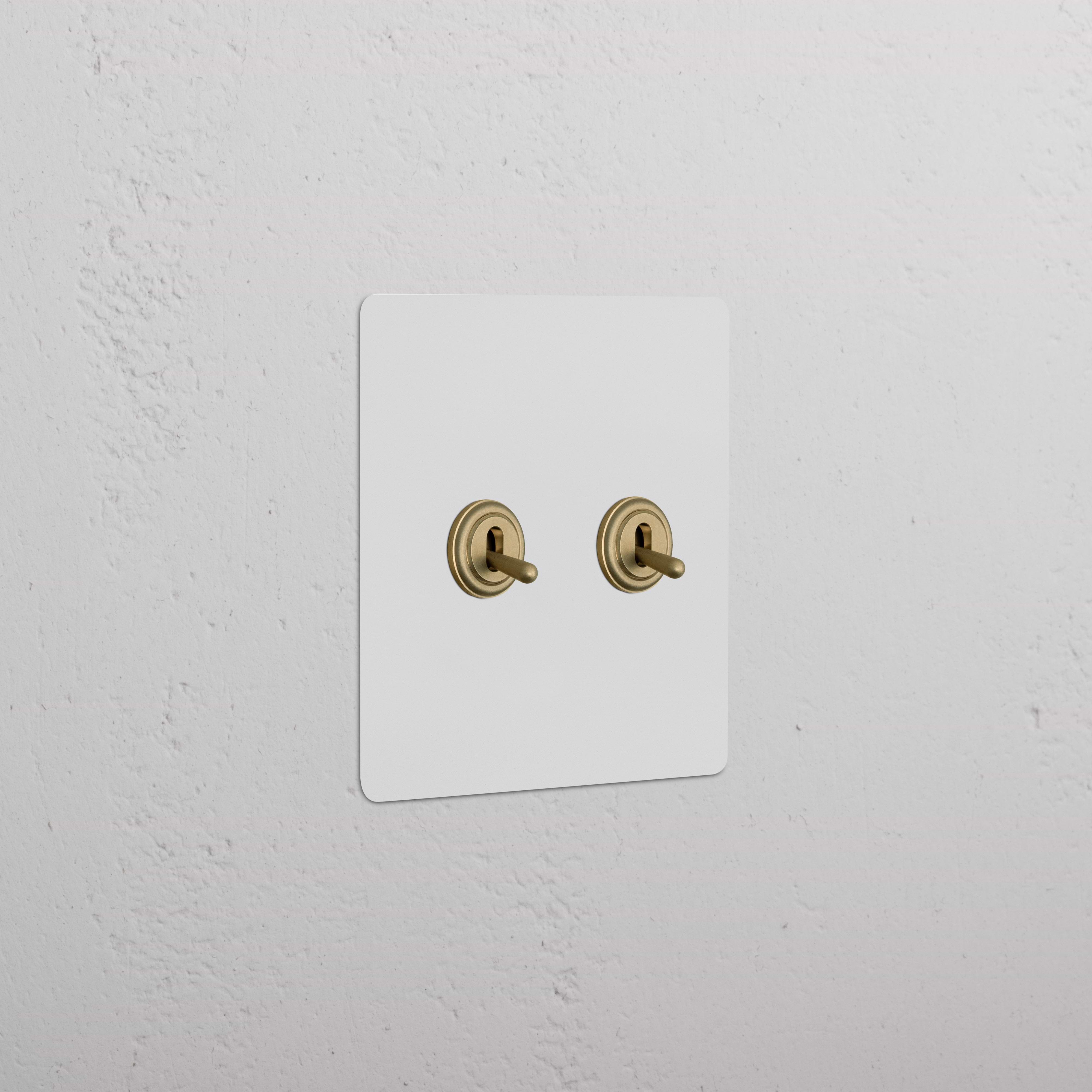 Kew 2G Toggle Switch in Paintable Antique Brass, dual switches on a white wall plate, installed on white wall.