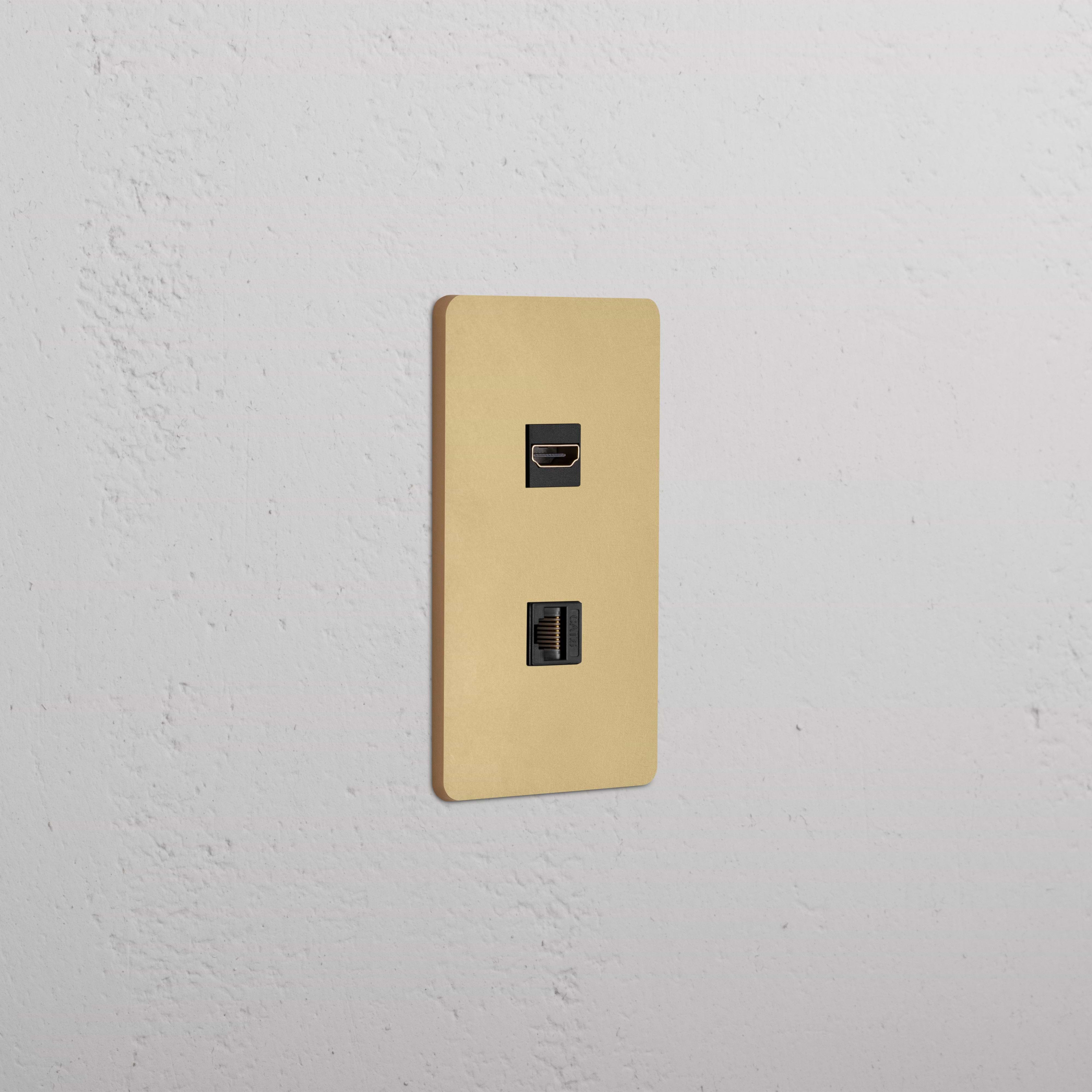 Grove 1G HDMI & CAT 6 Keystone wall plate in Antique Brass Black with HDMI and Ethernet ports.