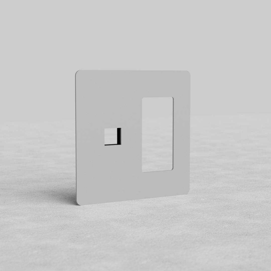 Paintable 2G Outlet & Keystone Plate Kew US with one square and one rectangular keystone cutout.