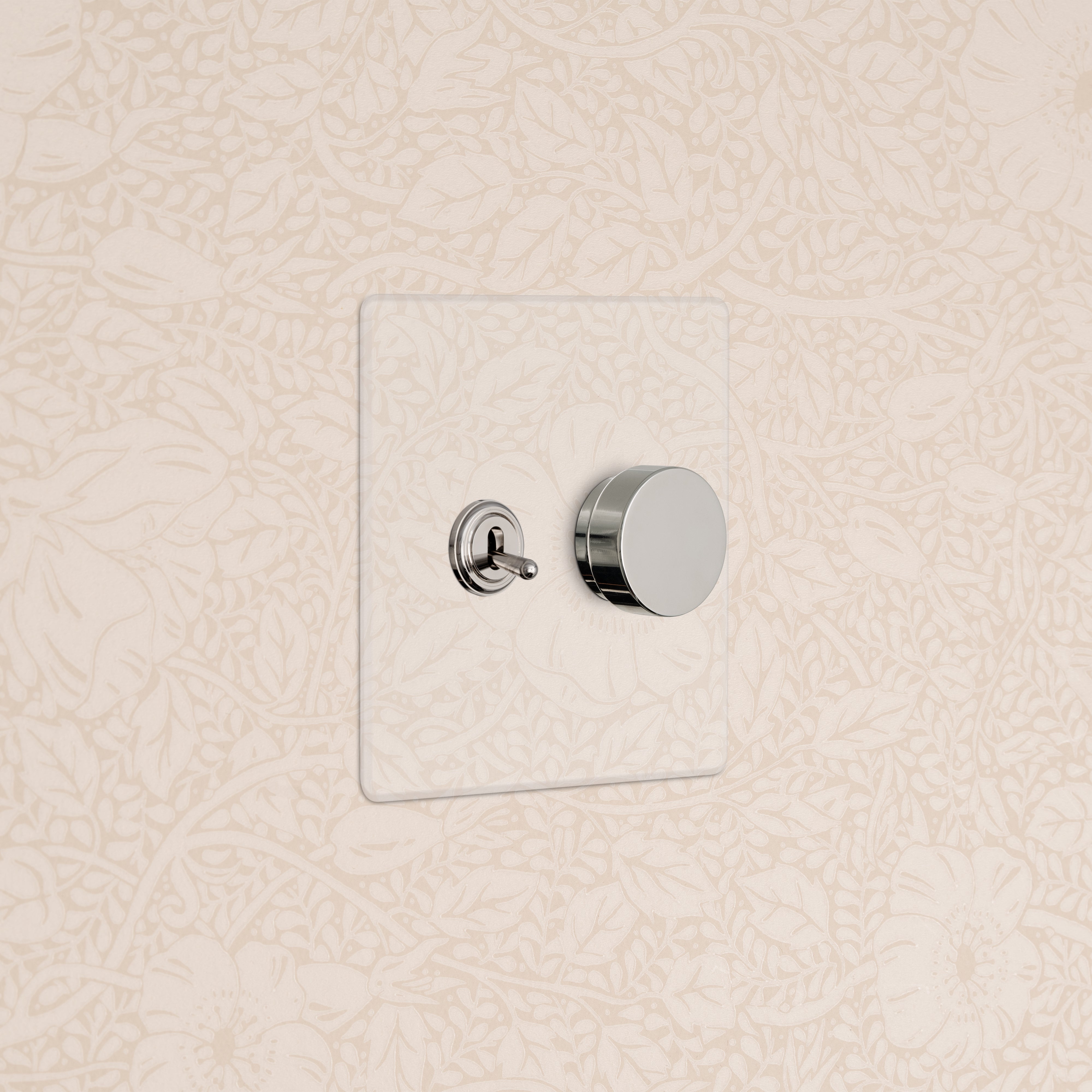 Kew 2G Toggle & Dimmer Switch in clear polished nickel with metallic toggle and round dimmer on clear plate.