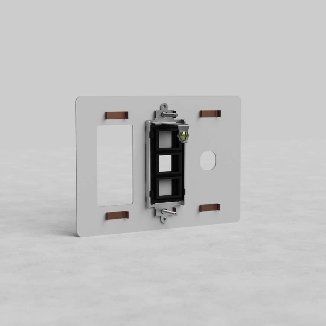 Paintable 3-gang outlet, keystone, and switch plate (Kew US) with rectangular cutouts on grey background.