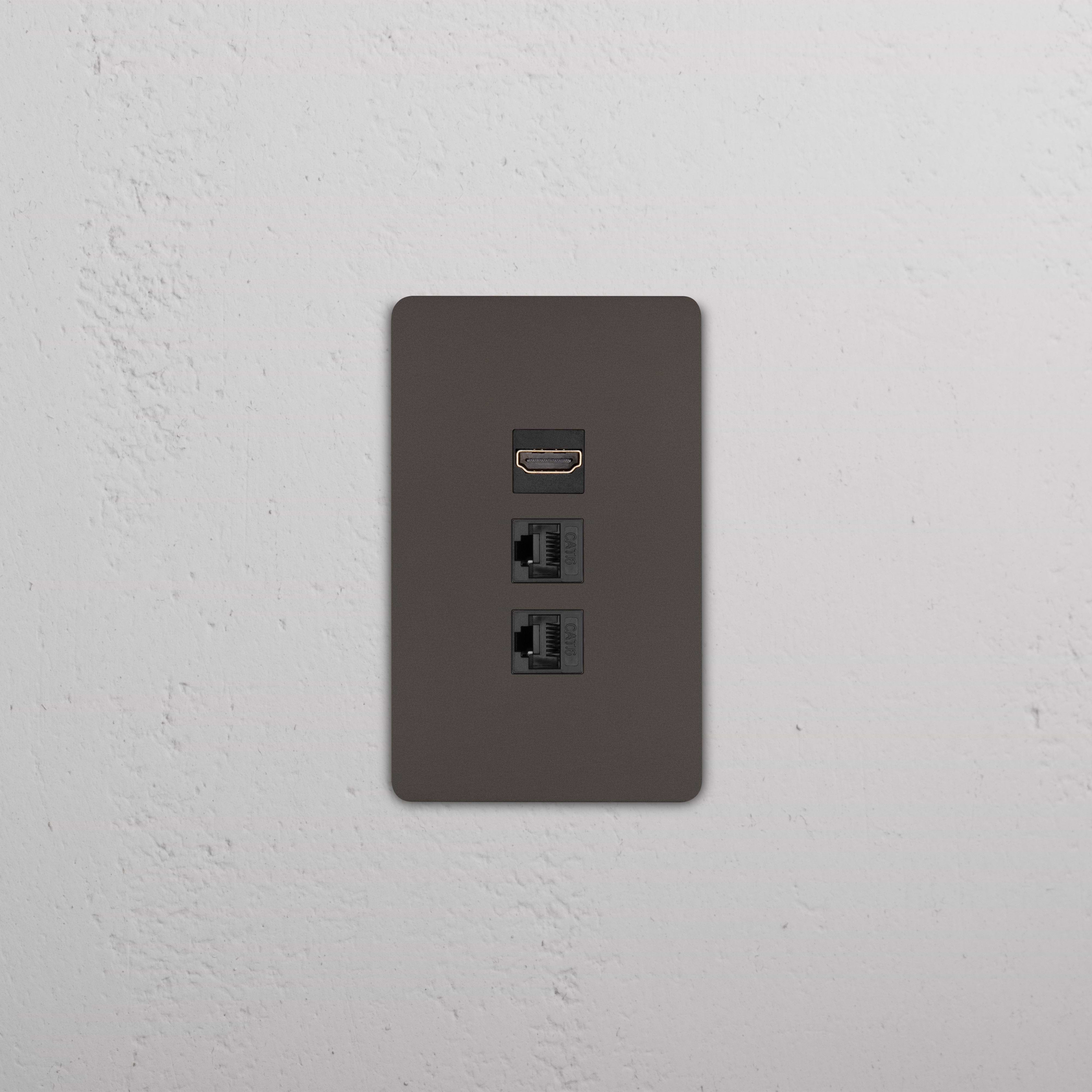 Grove 1G HDMI & 2x CAT6 Keystone wall plate in Bronze Black with one HDMI and two CAT6 Ethernet ports.