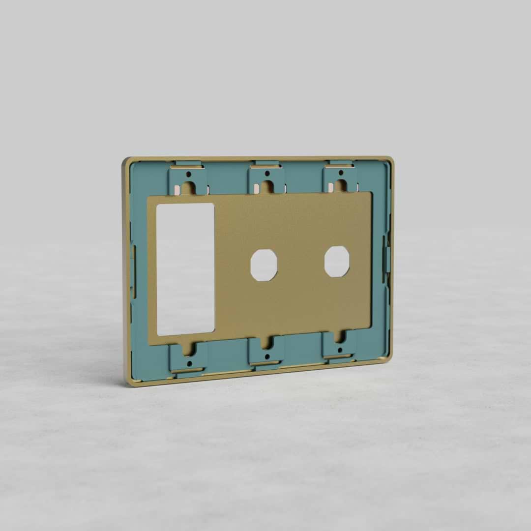 Antique Brass 3G 2x Switch & Outlet Plate Grove US with one outlet cutout and two switch openings.