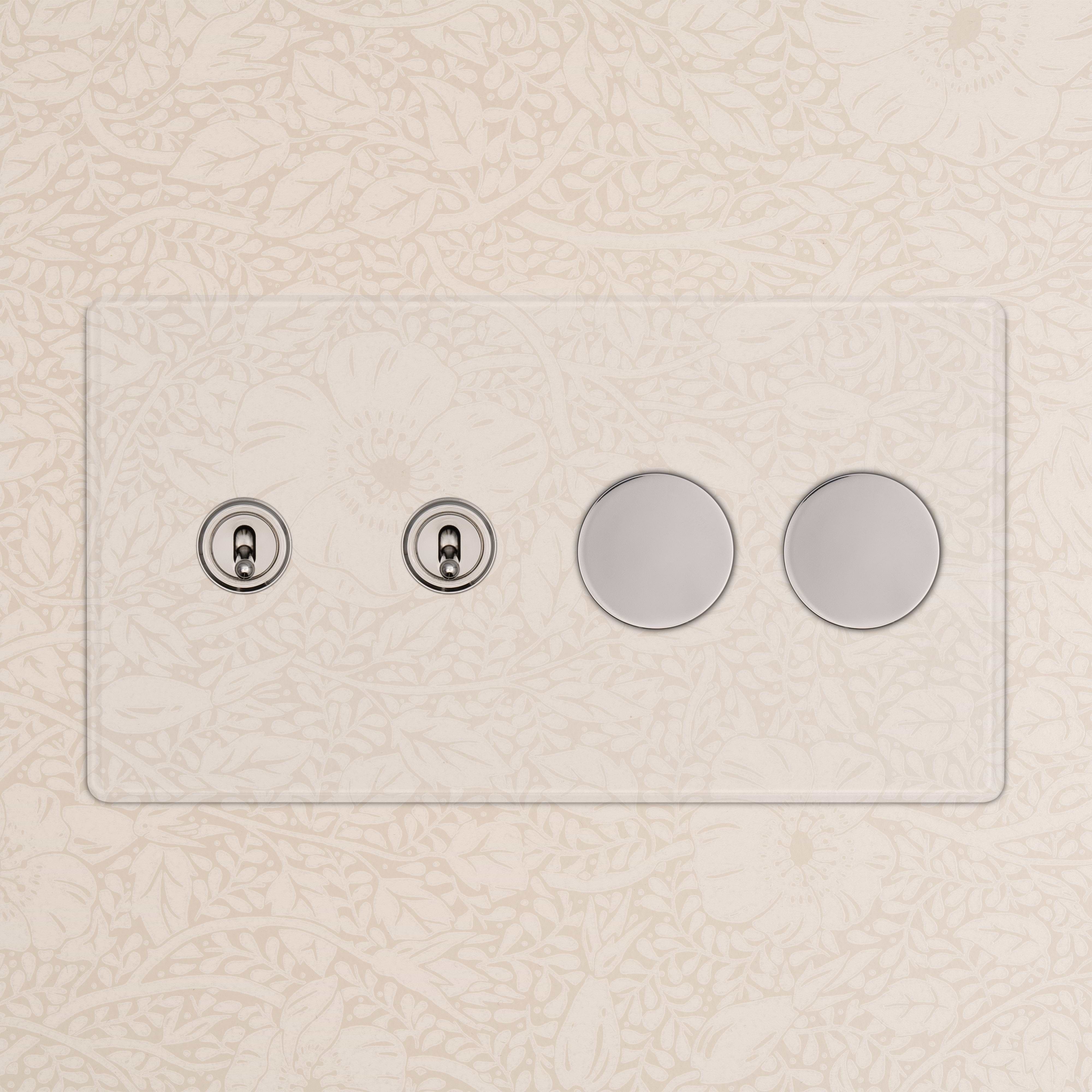 Kew 4G 2x Toggle & 2x Dimmer Switch in clear polished nickel finish, wall-mounted on a floral background.
