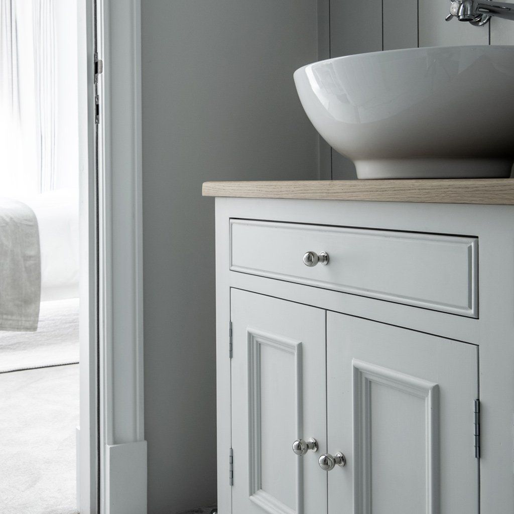 Close-up of a Bayswater Furniture Knob Small in polished nickel installed on a white cabinet drawer.