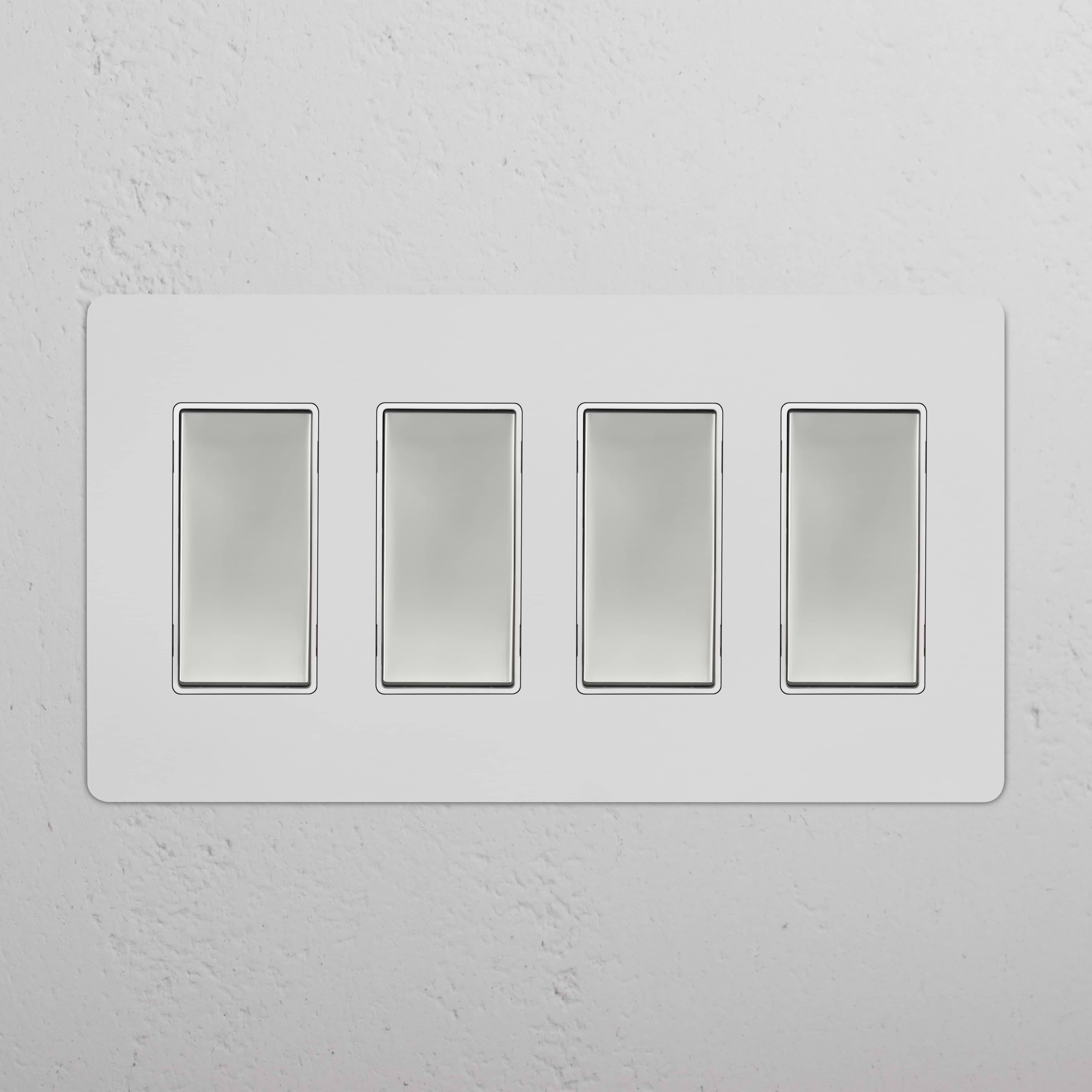 Kew 4G Rocker Switch in Paintable Polished Nickel White, featuring four rocker switches on a white plate.