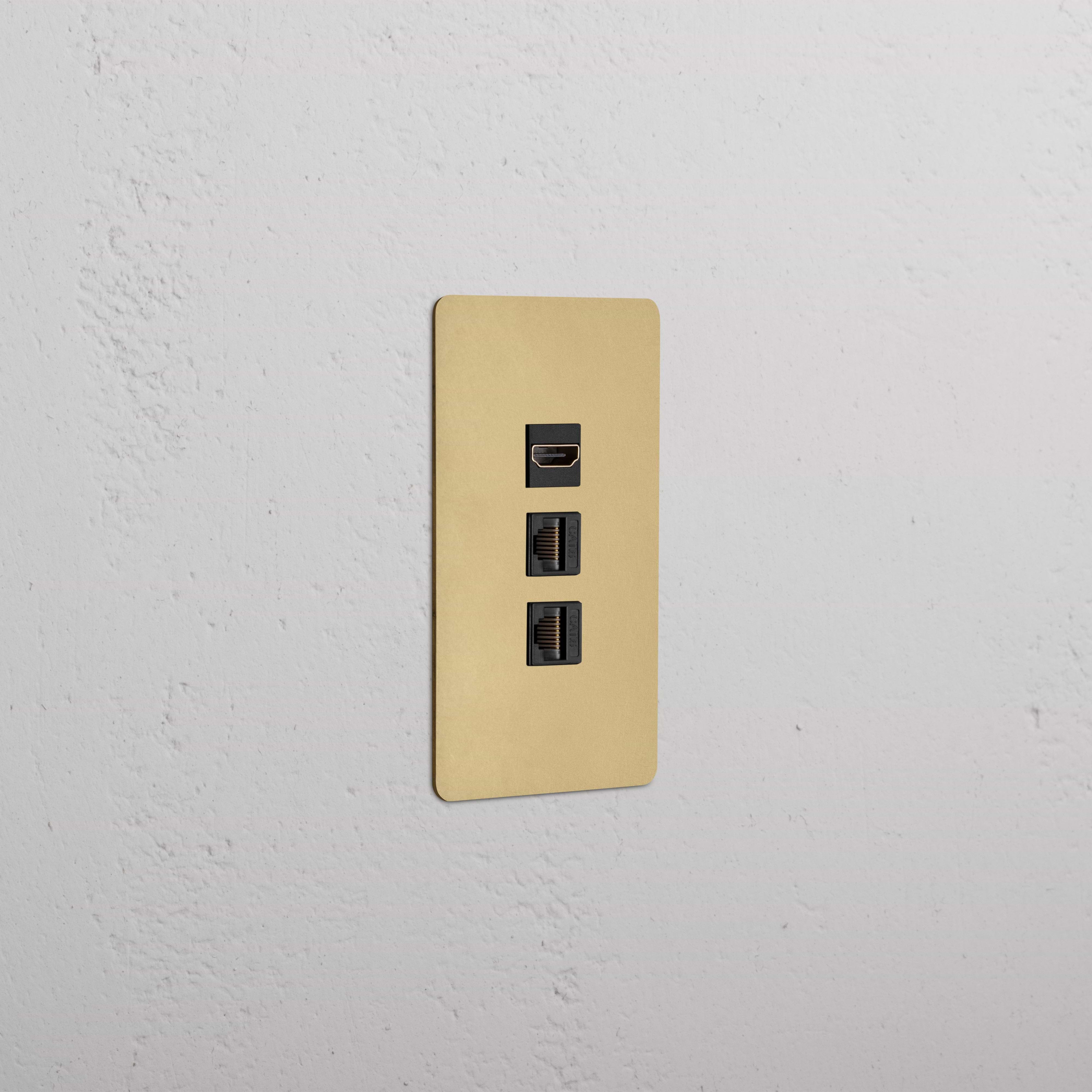 Kew 1G HDMI & 2x CAT6 Keystone wall plate in antique brass black with one HDMI and two Ethernet ports.