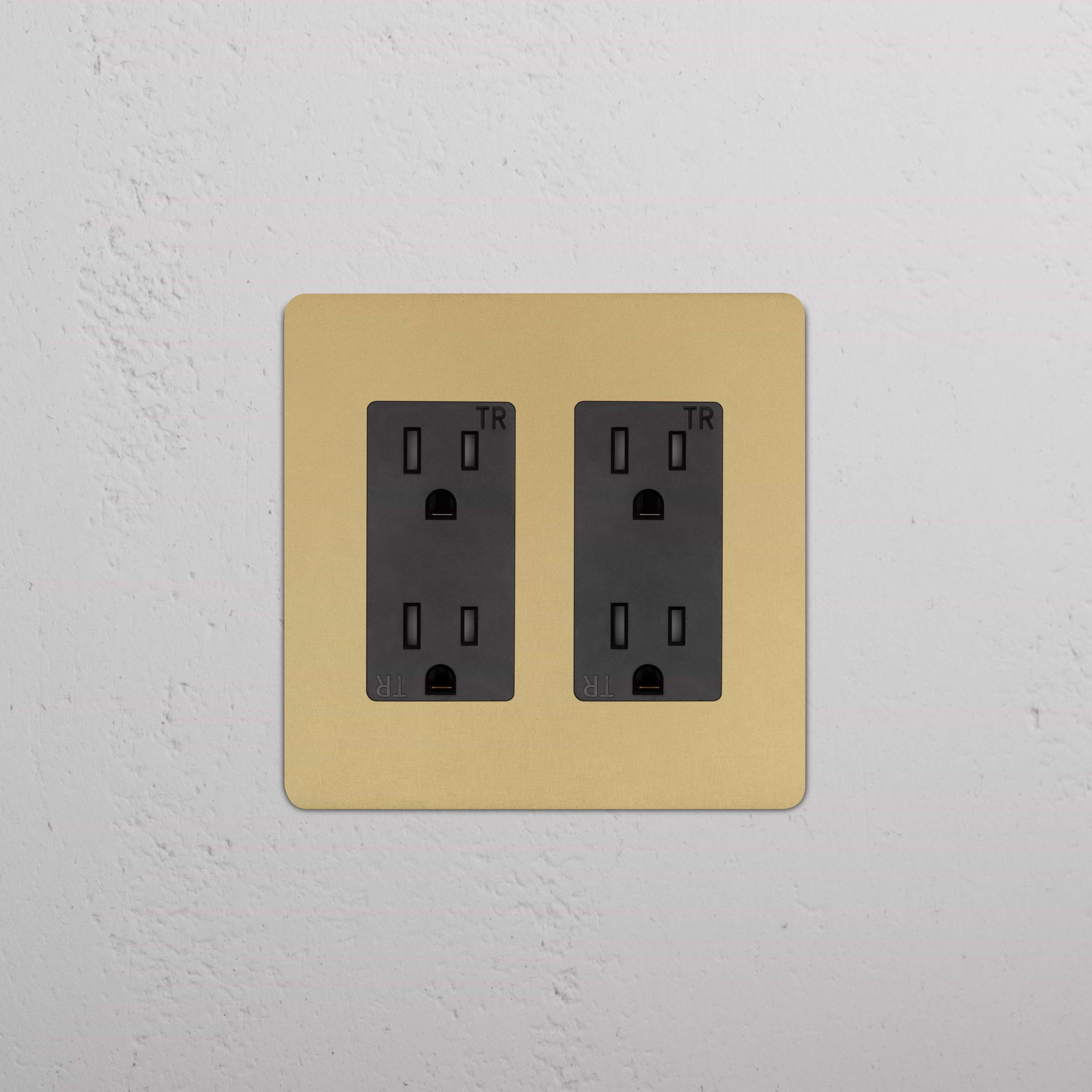 Kew 2G Outlet in Antique Brass Black finish, featuring two black sockets with three vertical slots.