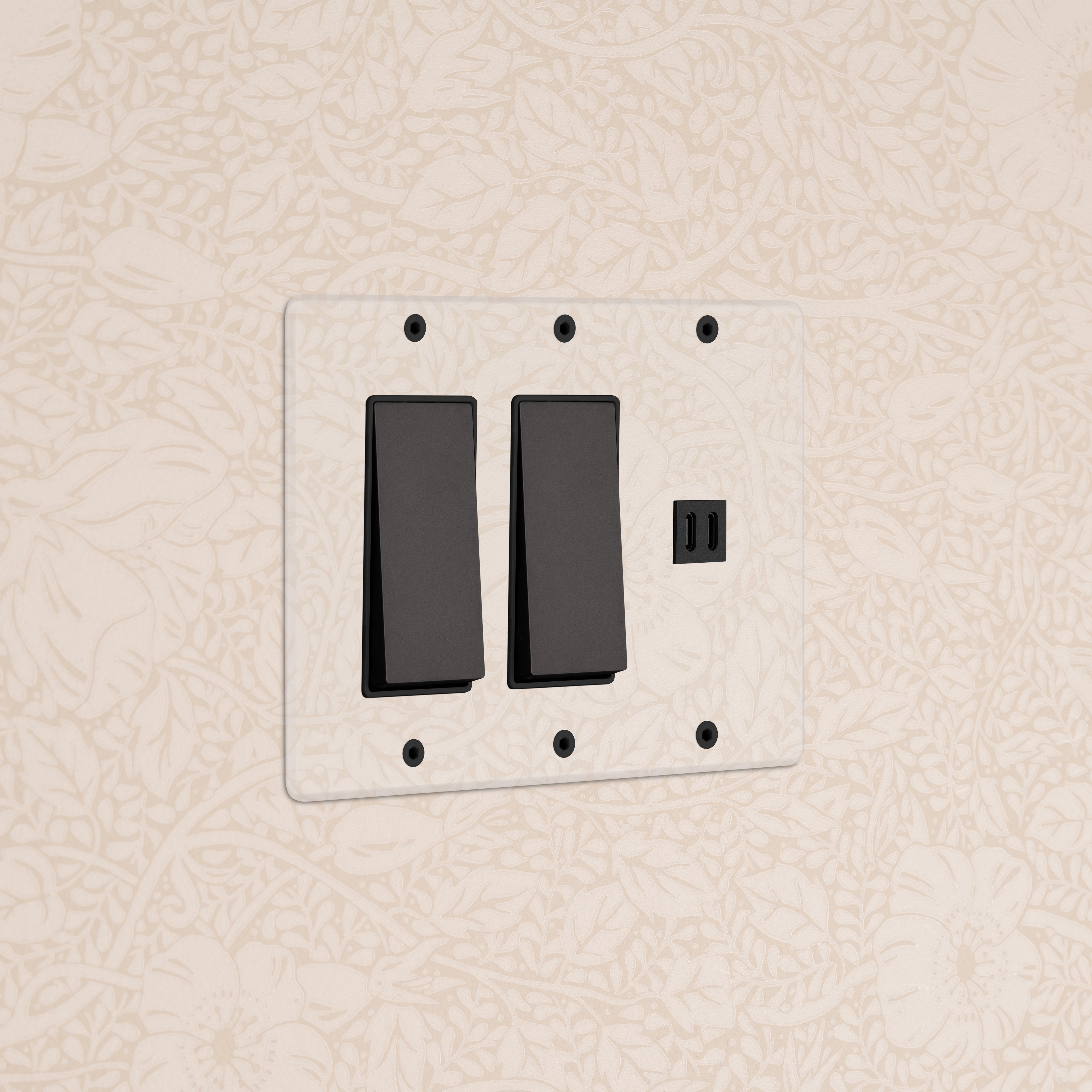 Kew 3G 2x Rocker Switch & Fast Charge USB in Clear Bronze Black, with two black rockers and USB port.