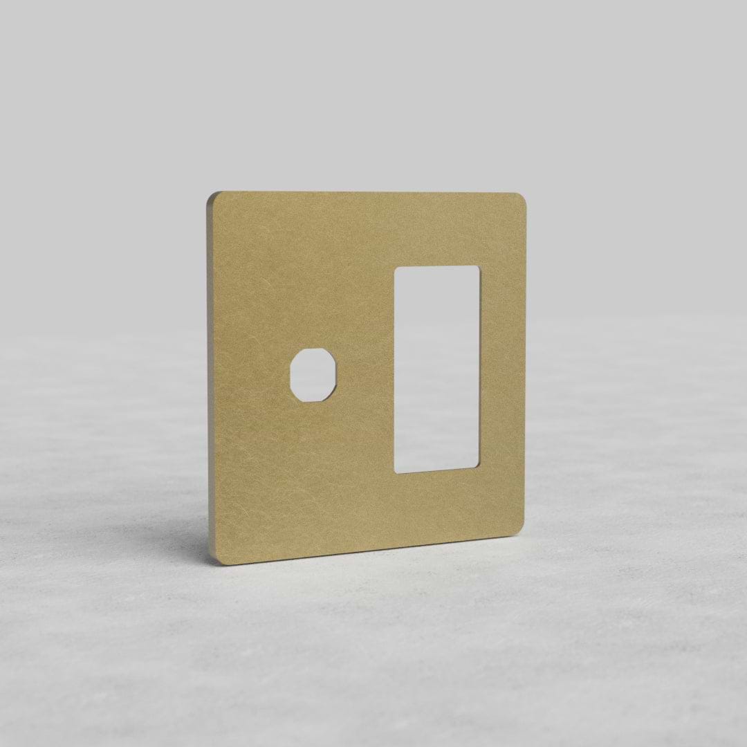 Antique Brass 2G Switch & Outlet Plate Grove US with one round and one rectangular cutout, front view.