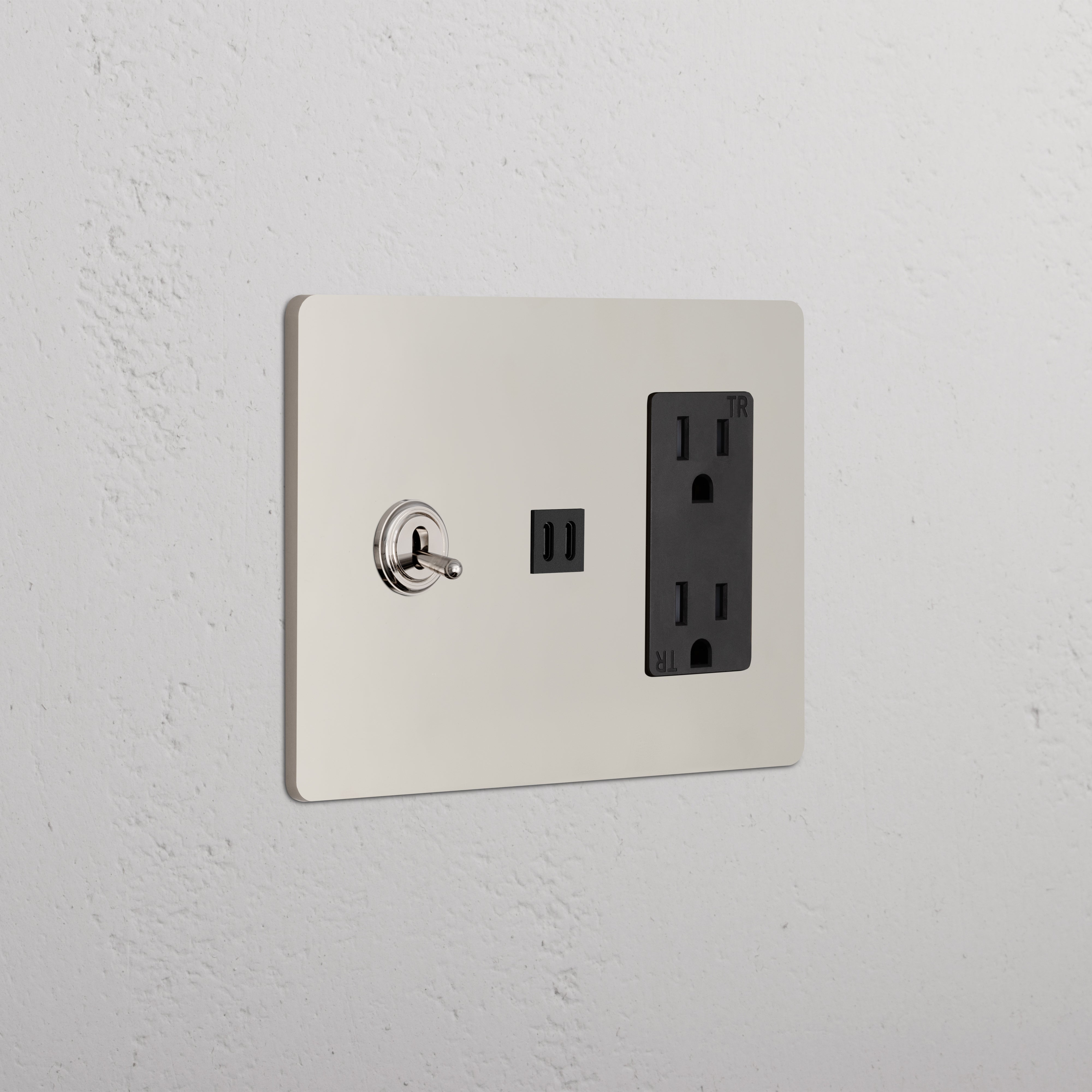 Grove 3G Toggle Switch, Outlet, and Fast Charge USB in polished nickel black with metal switch plate.