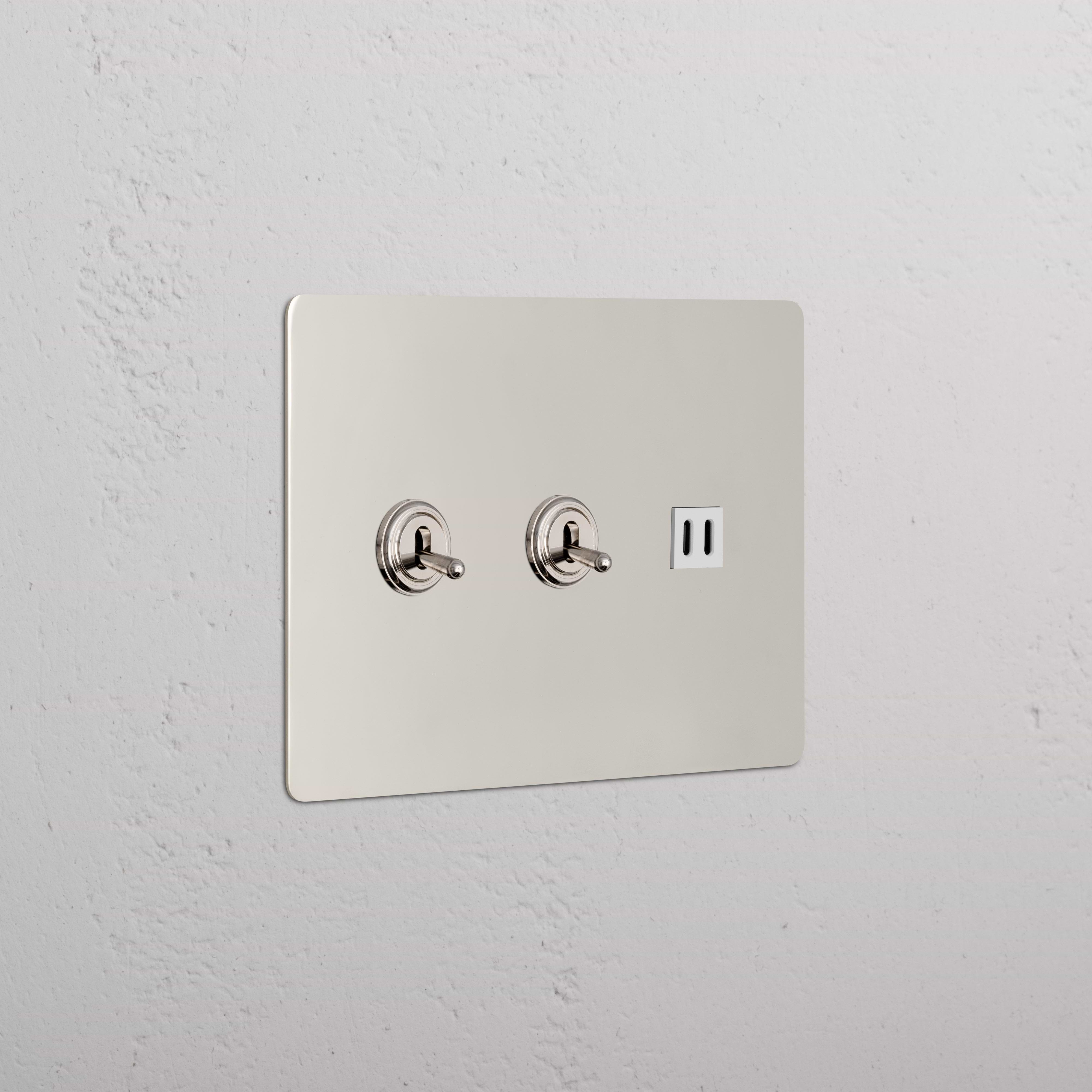 Kew 3G 2x Toggle Switch & Fast Charge USB in Polished Nickel White, showing two toggles and USB port on plate.