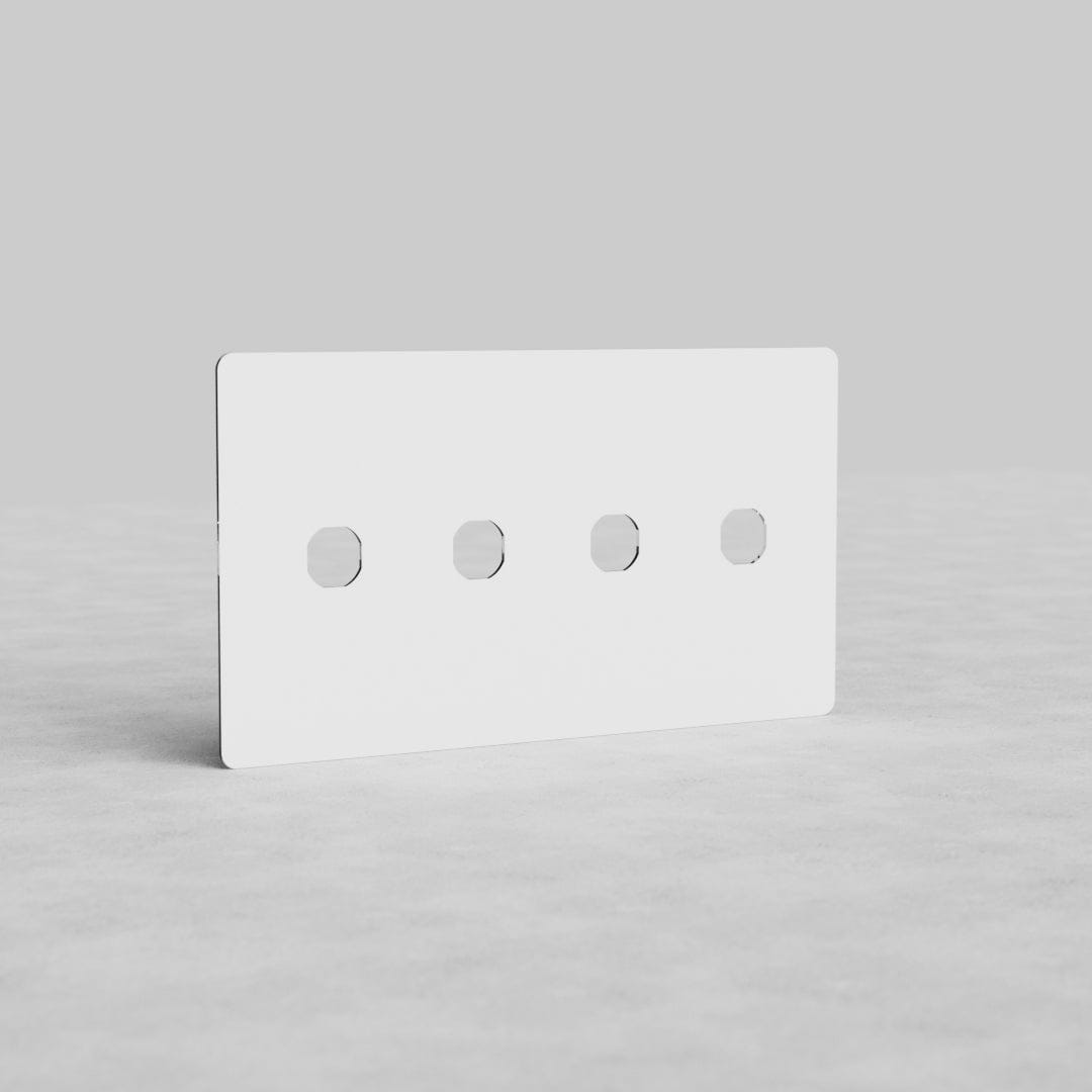 Clear 4-gang switch plate, Kew US style, with four square cutouts, shown on a plain gray background.