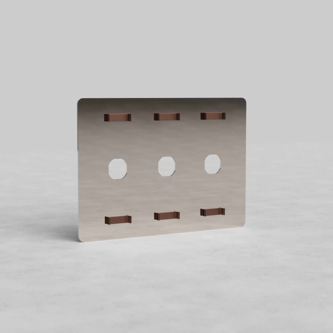 Polished nickel 3G switch plate (Kew US) with three circular switch apertures, shown upright on a plain surface.