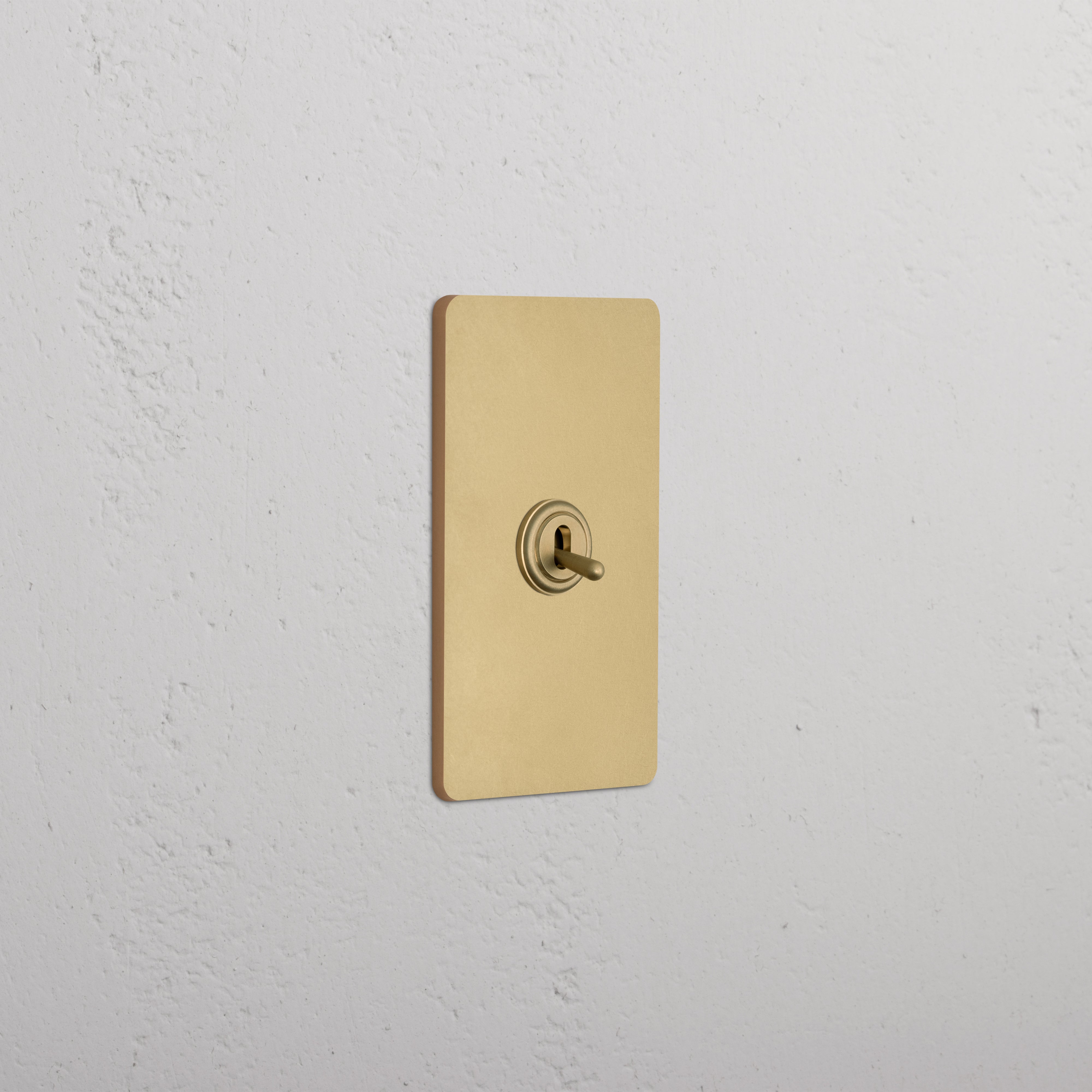 Grove 1G Retractive Toggle Switch in antique brass finish, shown installed on a white wall.