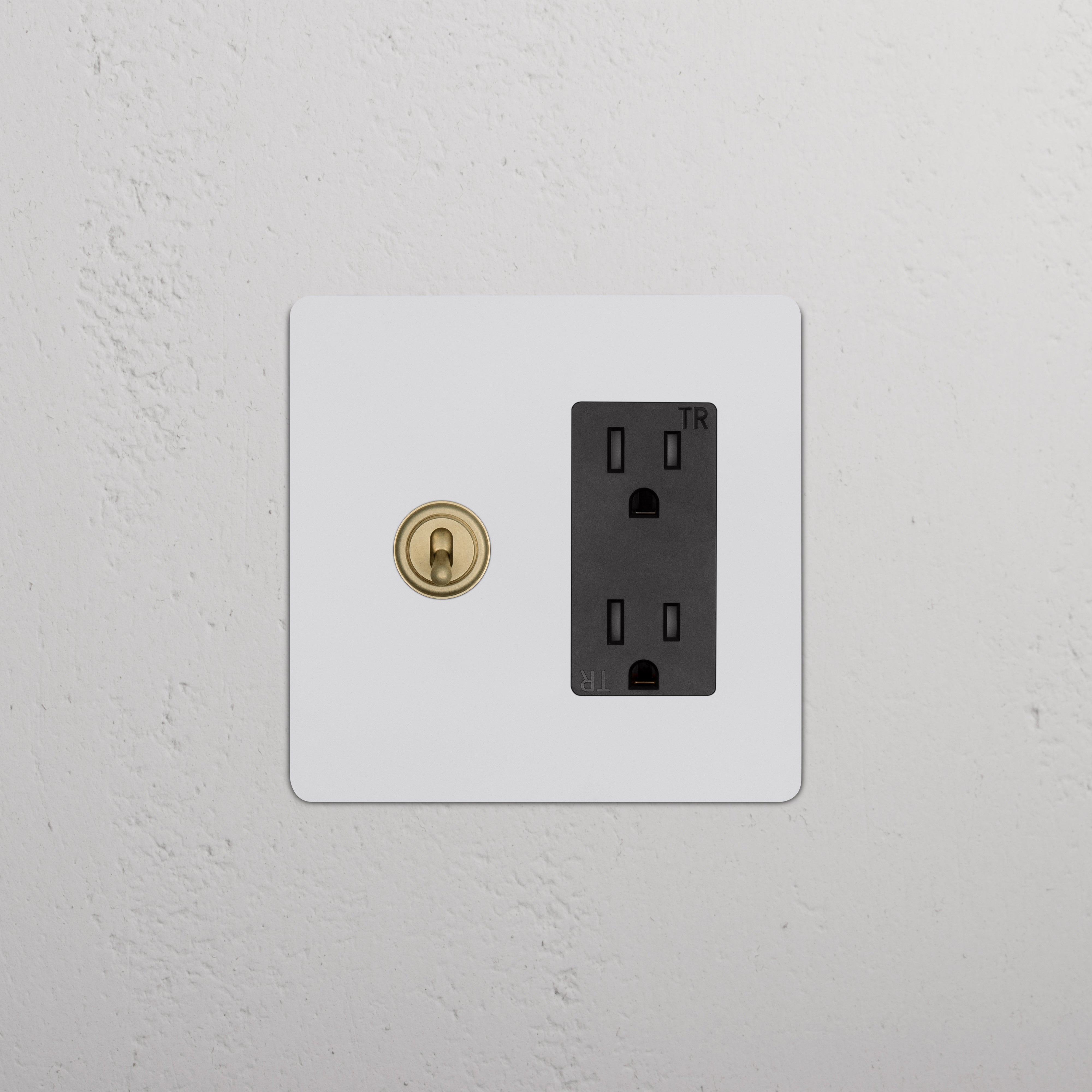 Kew 2G Toggle Switch & Outlet in paintable antique brass black finish, shown on a white wall plate.