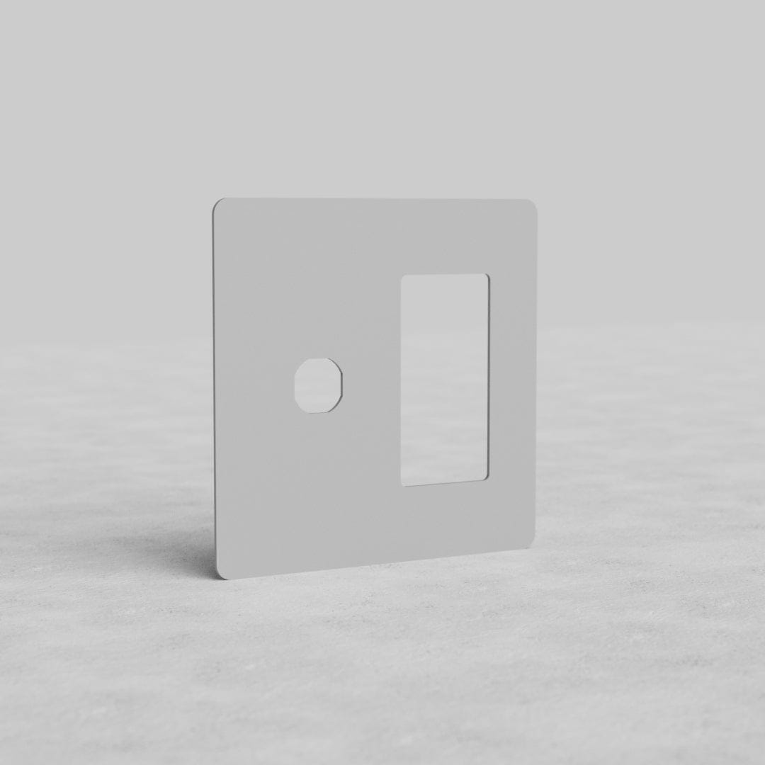 2G Switch & Outlet Plate Kew US, paintable faceplate with one circular and one rectangular cutout.