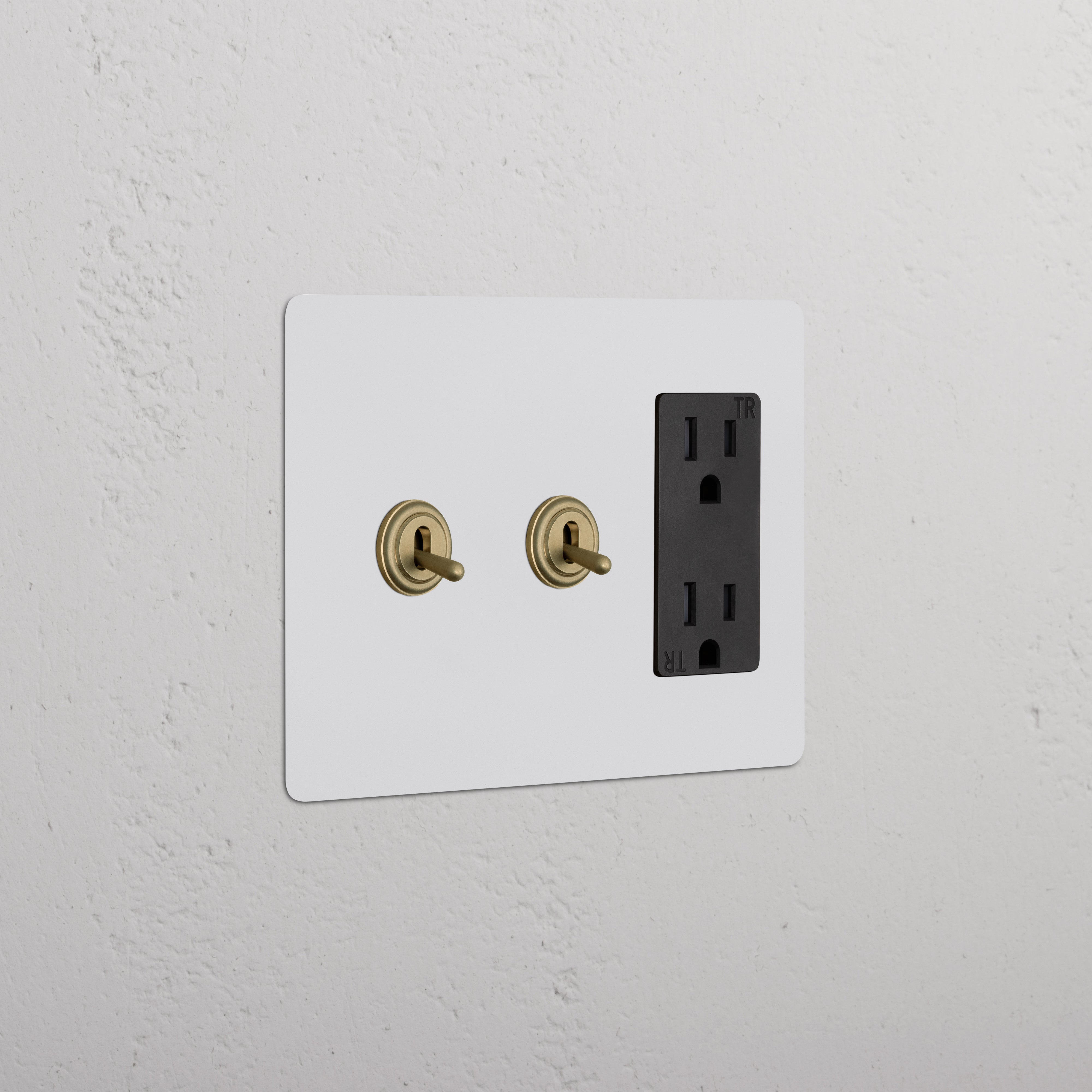 Kew 3G 2x Toggle Switch & Outlet in paintable antique brass with black outlet, shown on a wall.