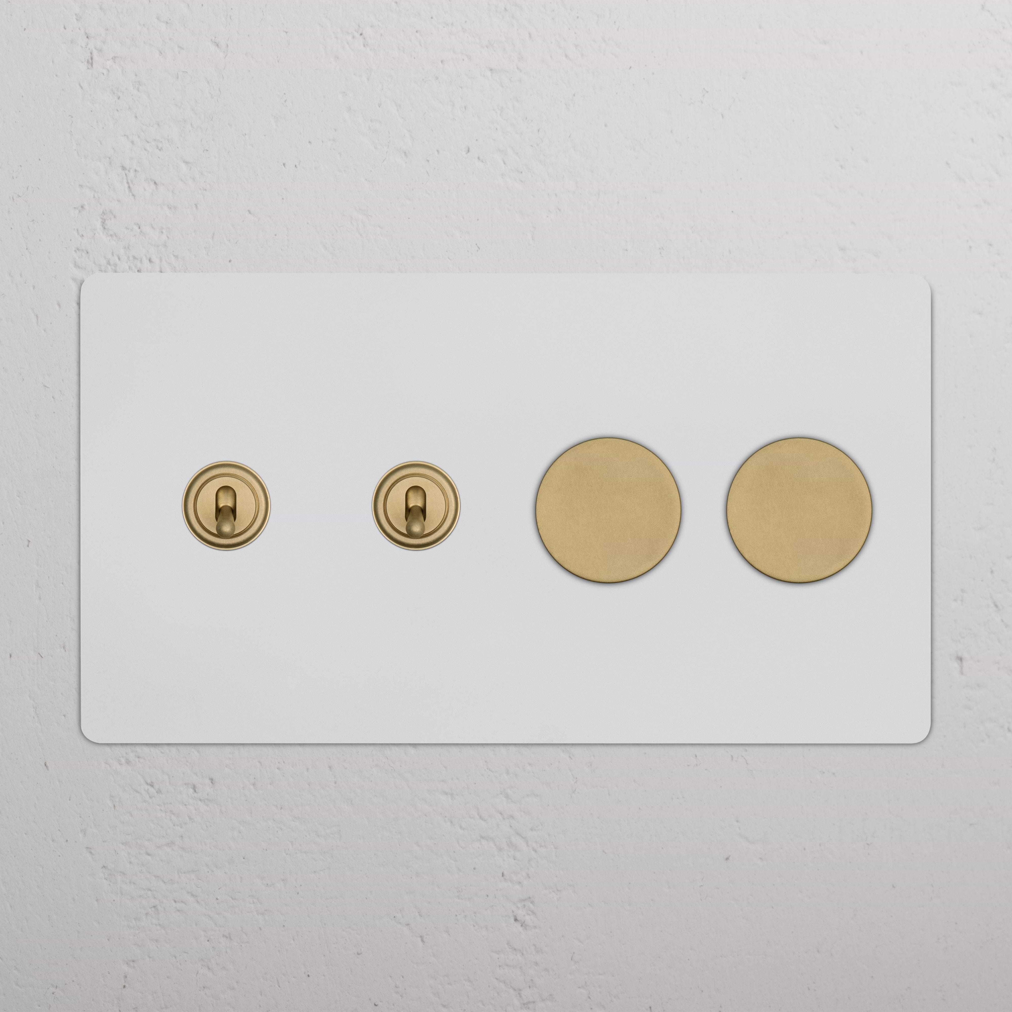 Kew 4G 2x Toggle & 2x Dimmer Switch in paintable antique brass, with two toggles and two round dimmers.