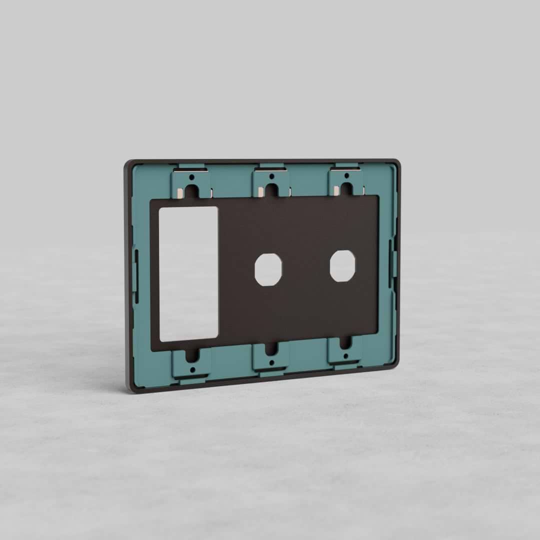 Bronze 3G 2x Switch & Outlet Plate Grove US with openings for two switches and one outlet, upright on a light surface.