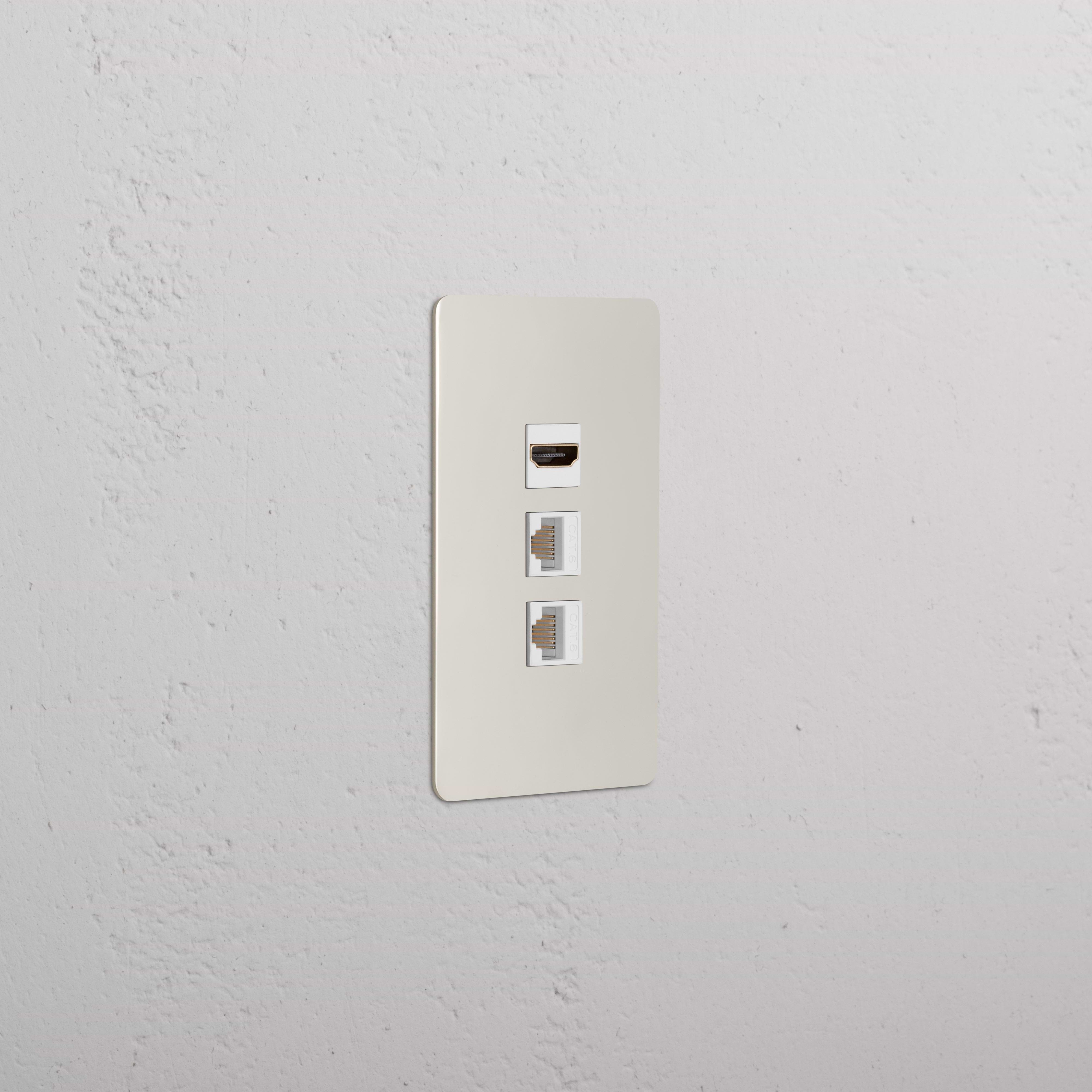 Kew 1G HDMI & 2x CAT6 Keystone wall plate with polished nickel white finish, HDMI and dual CAT6 ports.