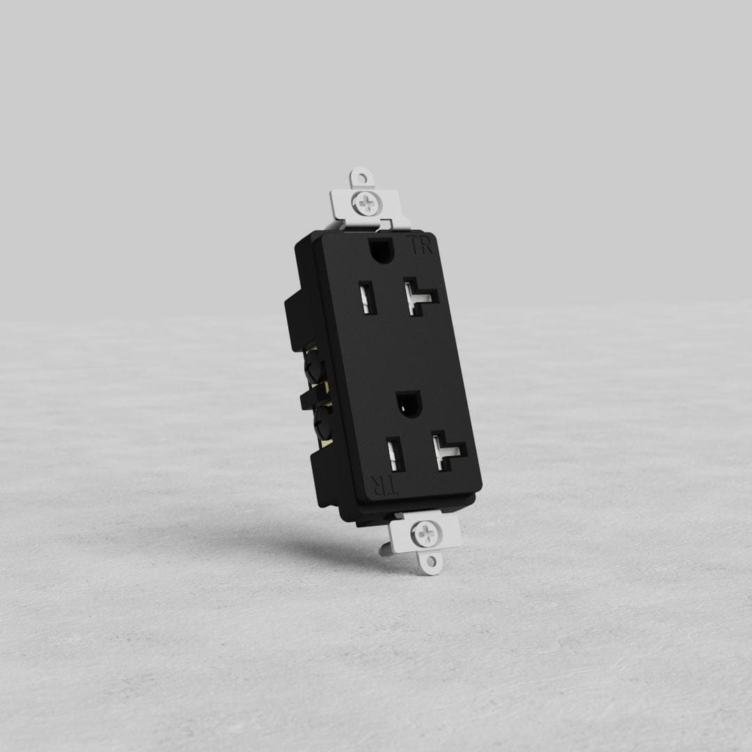 Black Power Outlet 20A with two sockets and metallic mounting tabs, shown on a light gray surface.