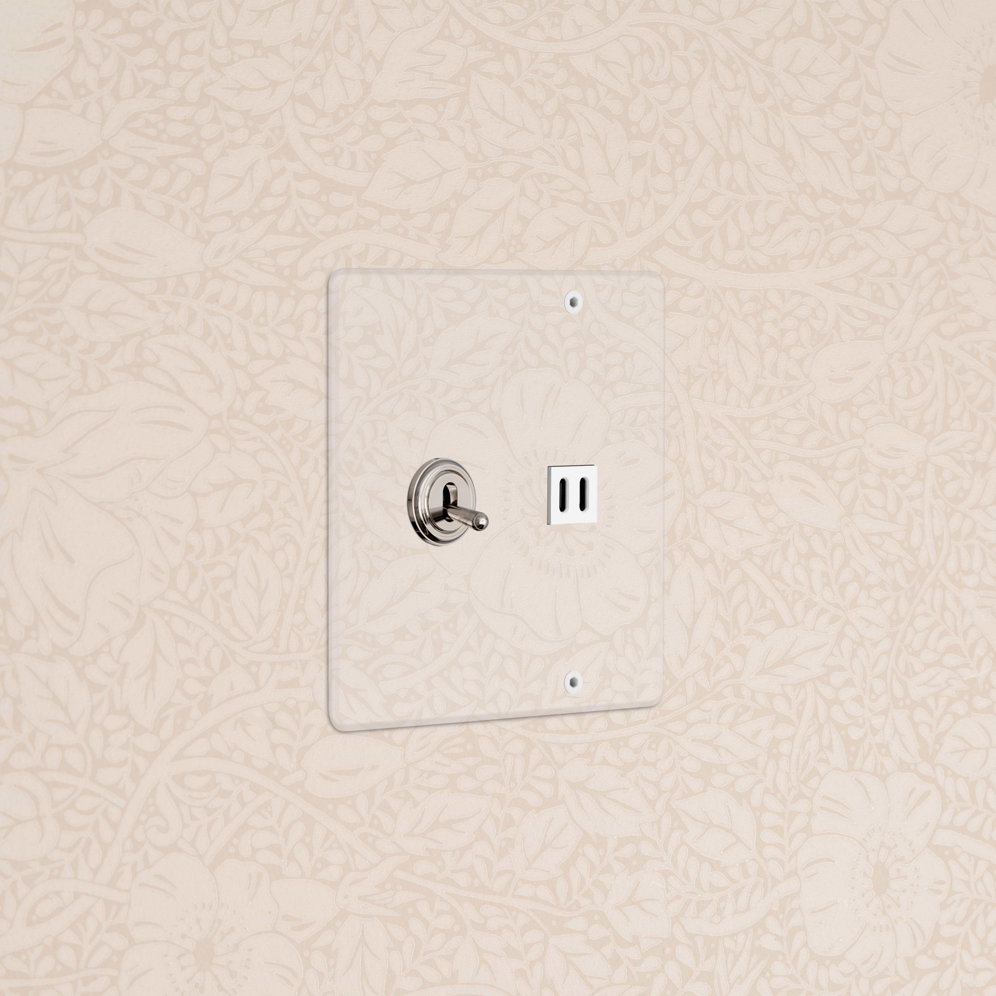 Kew 2G Toggle Switch & Fast Charge USB in clear polished nickel white finish, with dual toggles and USB port.