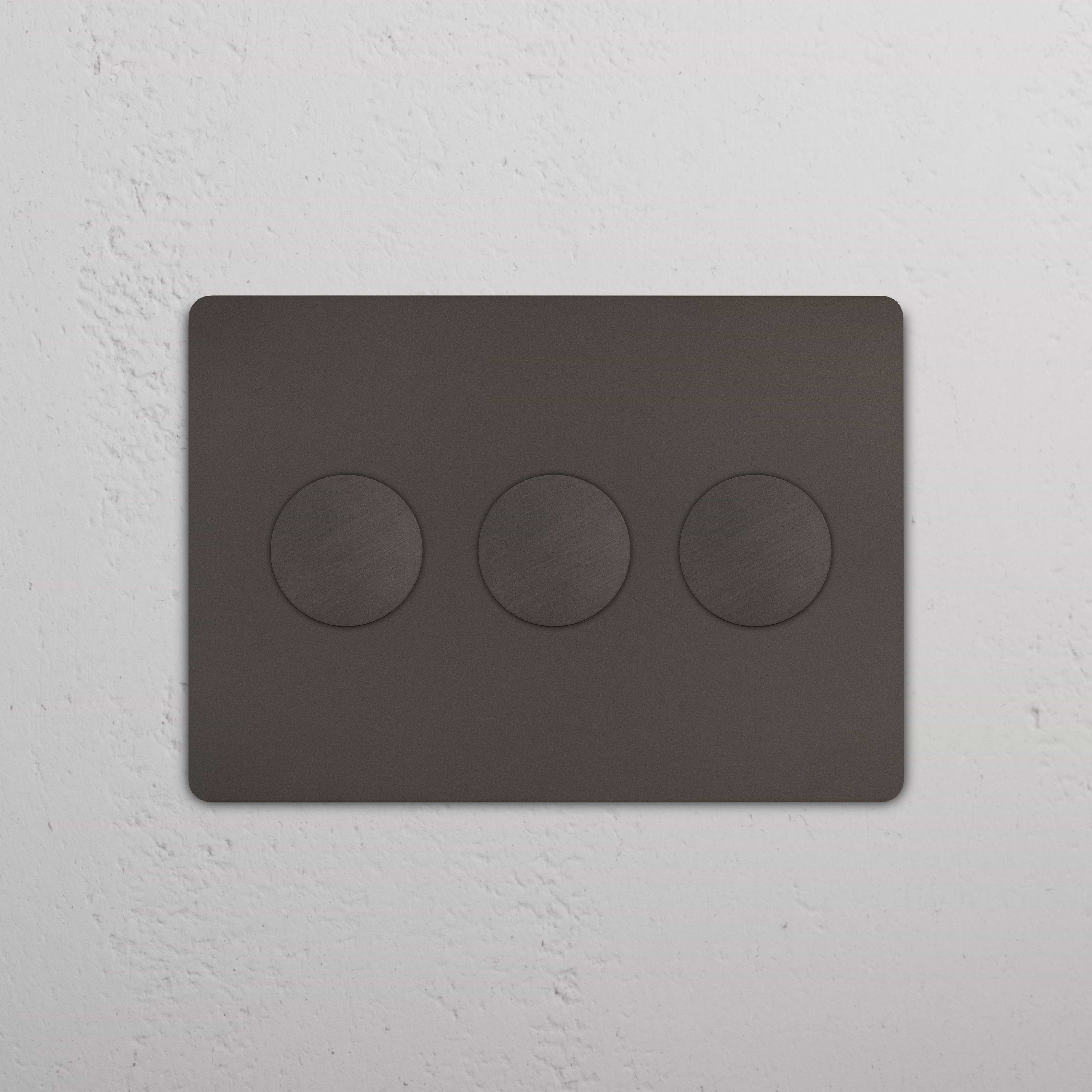 Grove 3G Dimmer Switch - Bronze with three round push buttons mounted on a white textured wall.