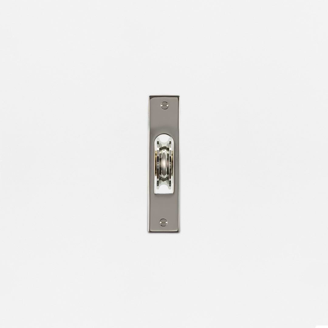 Belmont Single Hung Window Pulley in polished nickel with rectangular base and four corner screws on white background.