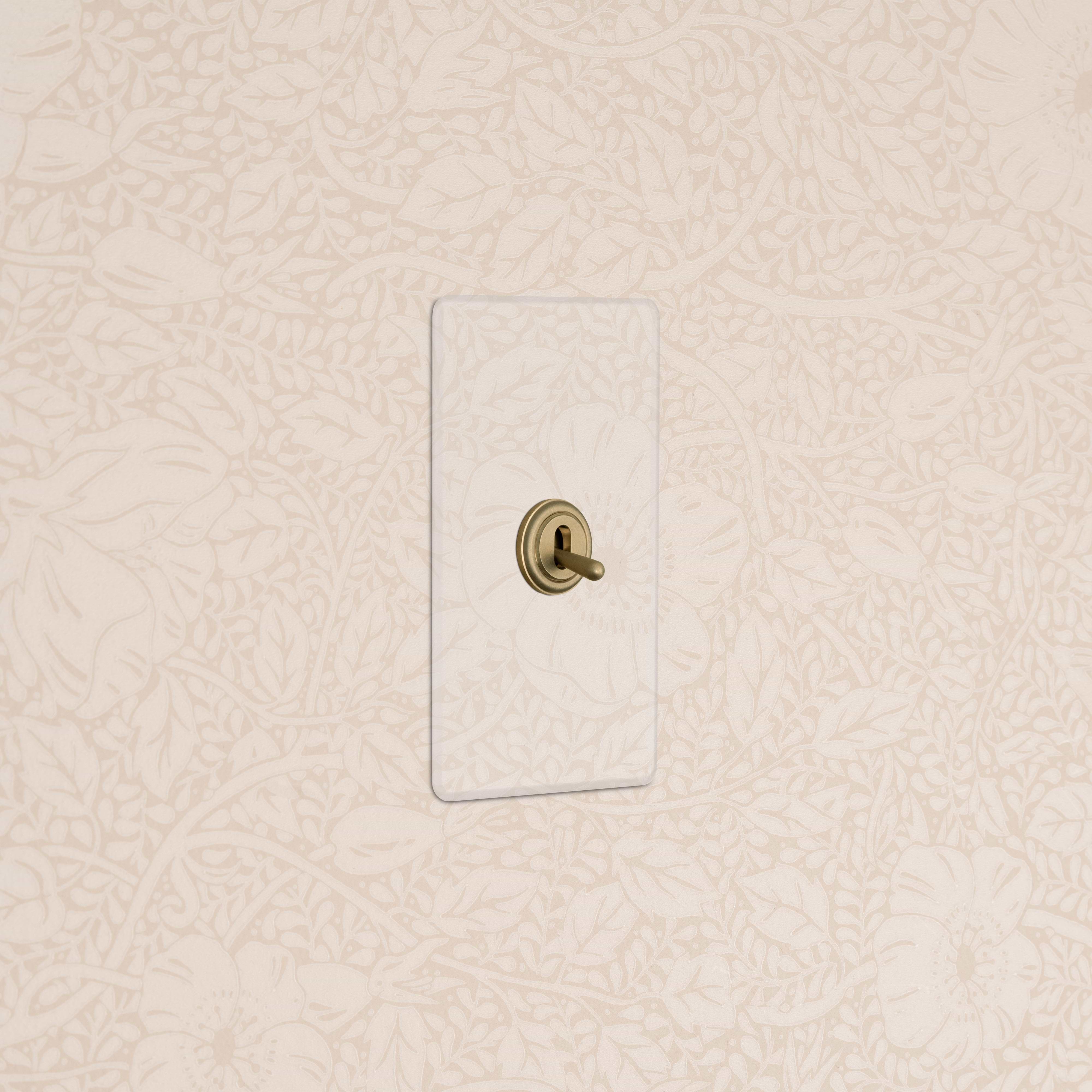 Kew 1G Retractive Toggle Switch in Clear Antique Brass, mounted on wall with clear rectangular cover.