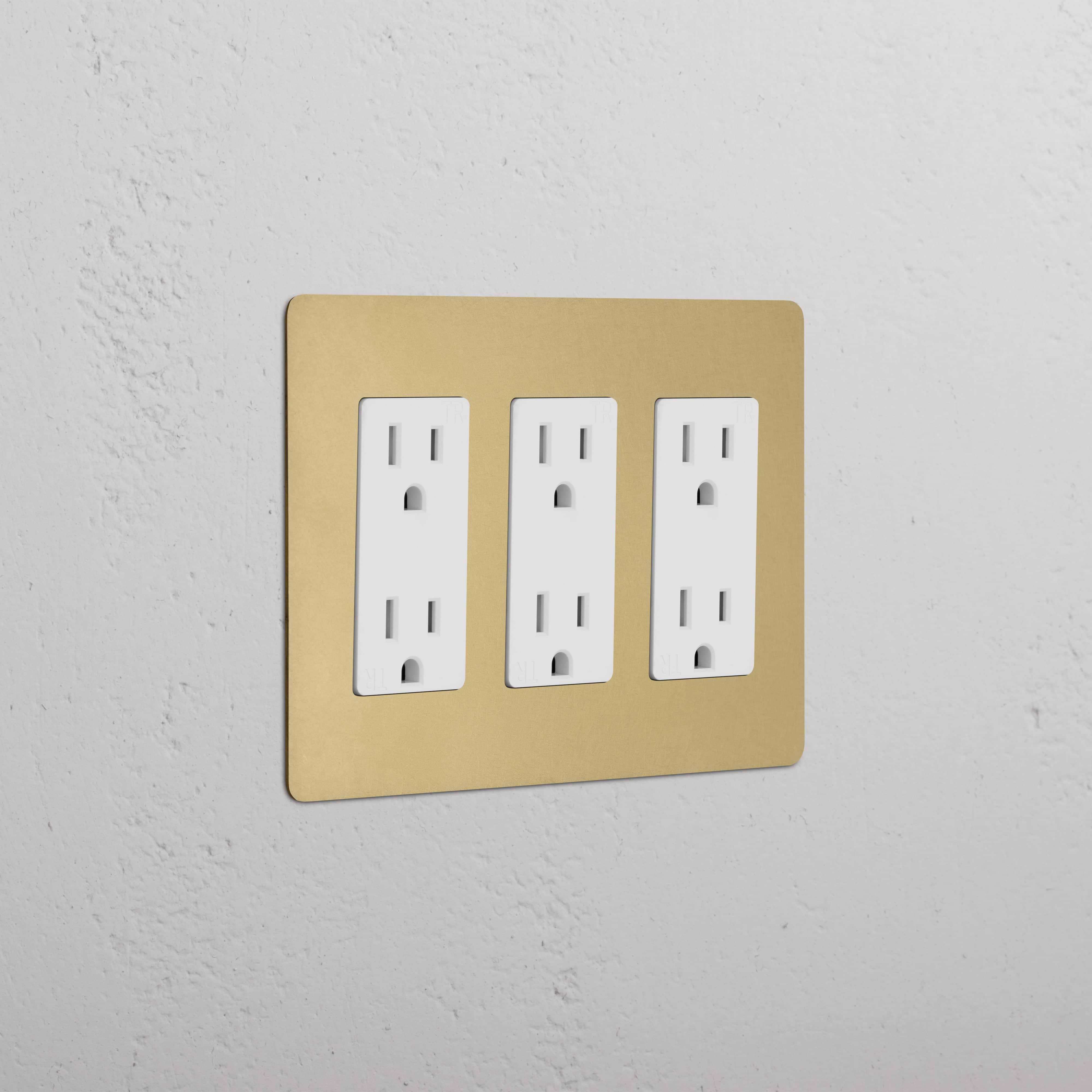 Kew 3G Outlet in Antique Brass White finish with three sockets, mounted on a white textured wall.