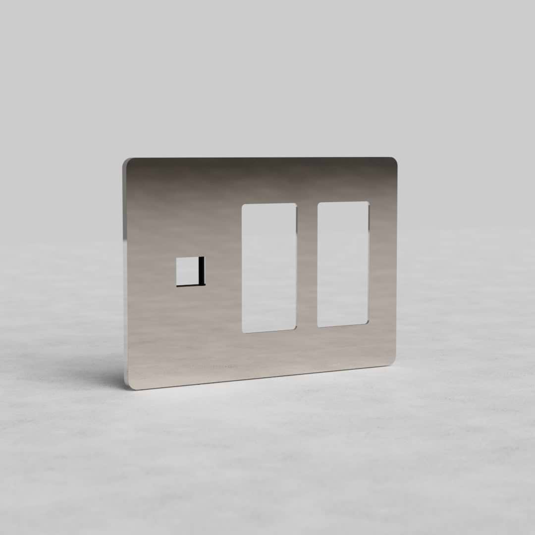 Polished Nickel 3G 2x Outlet & Keystone Plate Grove US with three rectangular cutouts for outlets and keystone ports.