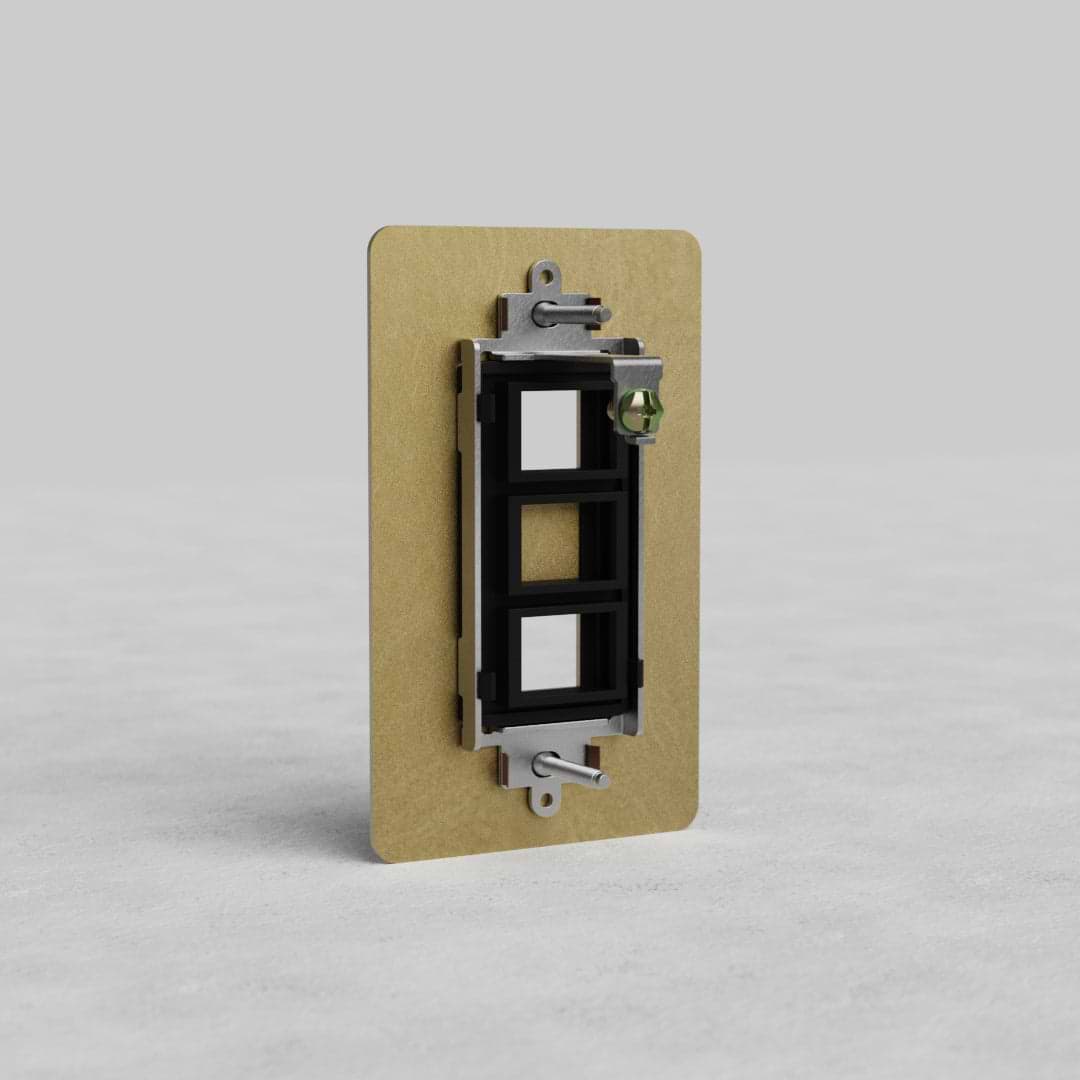 1-gang 2x Keystone Plate Kew US in antique brass, designed for two keystone jacks, on a gray background.